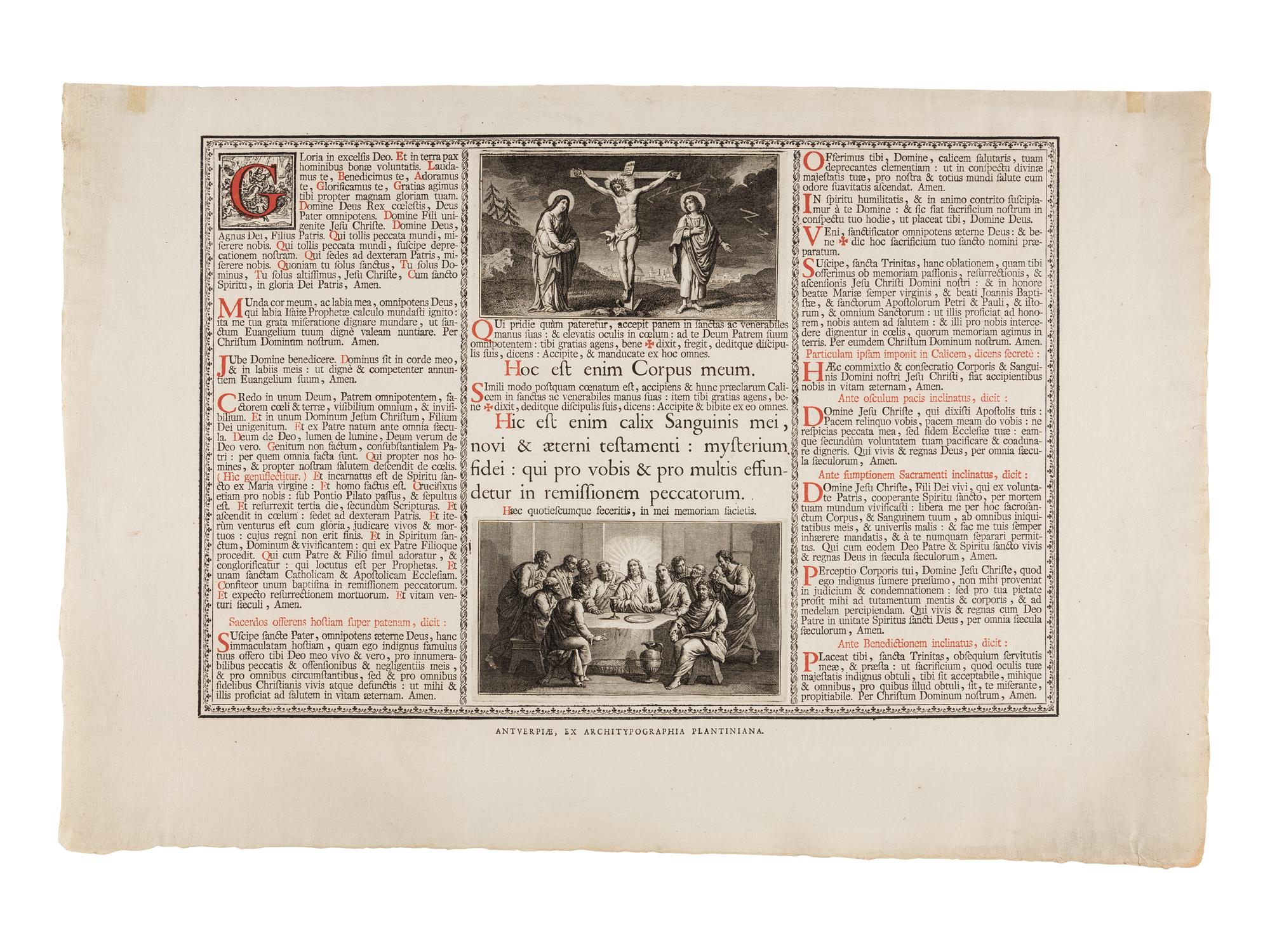 [PLANTIN PRESS]. Broadside printing of the Liturgy of the Eucharist. Antwerp: Architypographia Plantiniana, n.d. [ca 18th-century?].