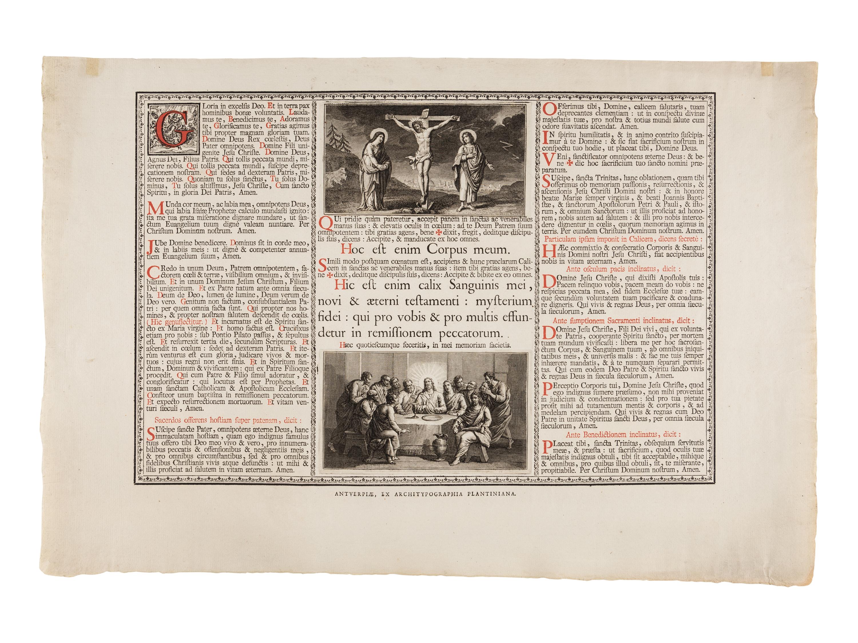 [PLANTIN PRESS]. Broadside printing of the Liturgy of the Eucharist. Antwerp: Architypographia Plantiniana, n.d. [ca 18th-century?].