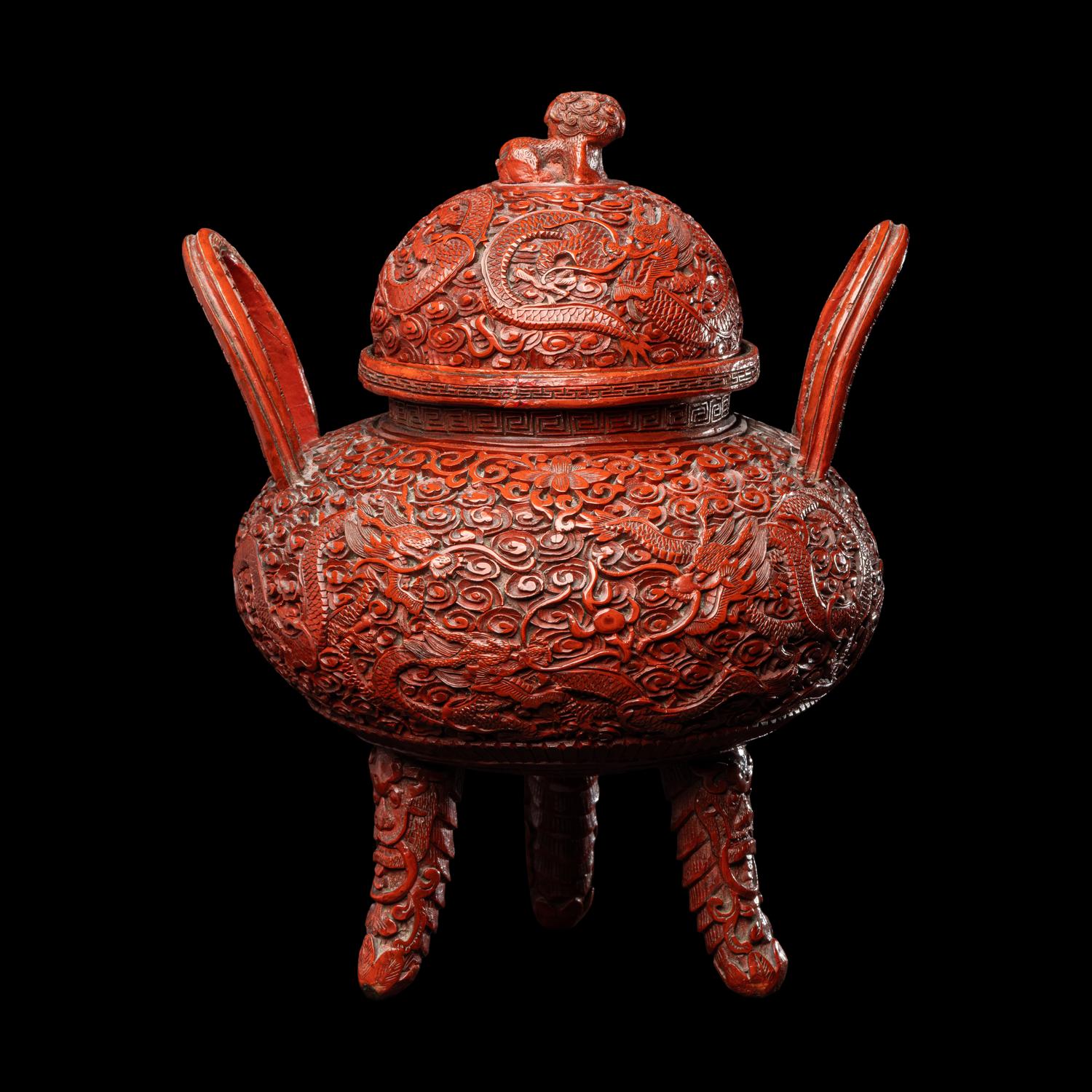 A Chinese Cinnabar Lacquer on Metal Covered Ding Vessel, Late Qing/Republic Period 晚清/民國 銅胎剔紅龍紋鼎