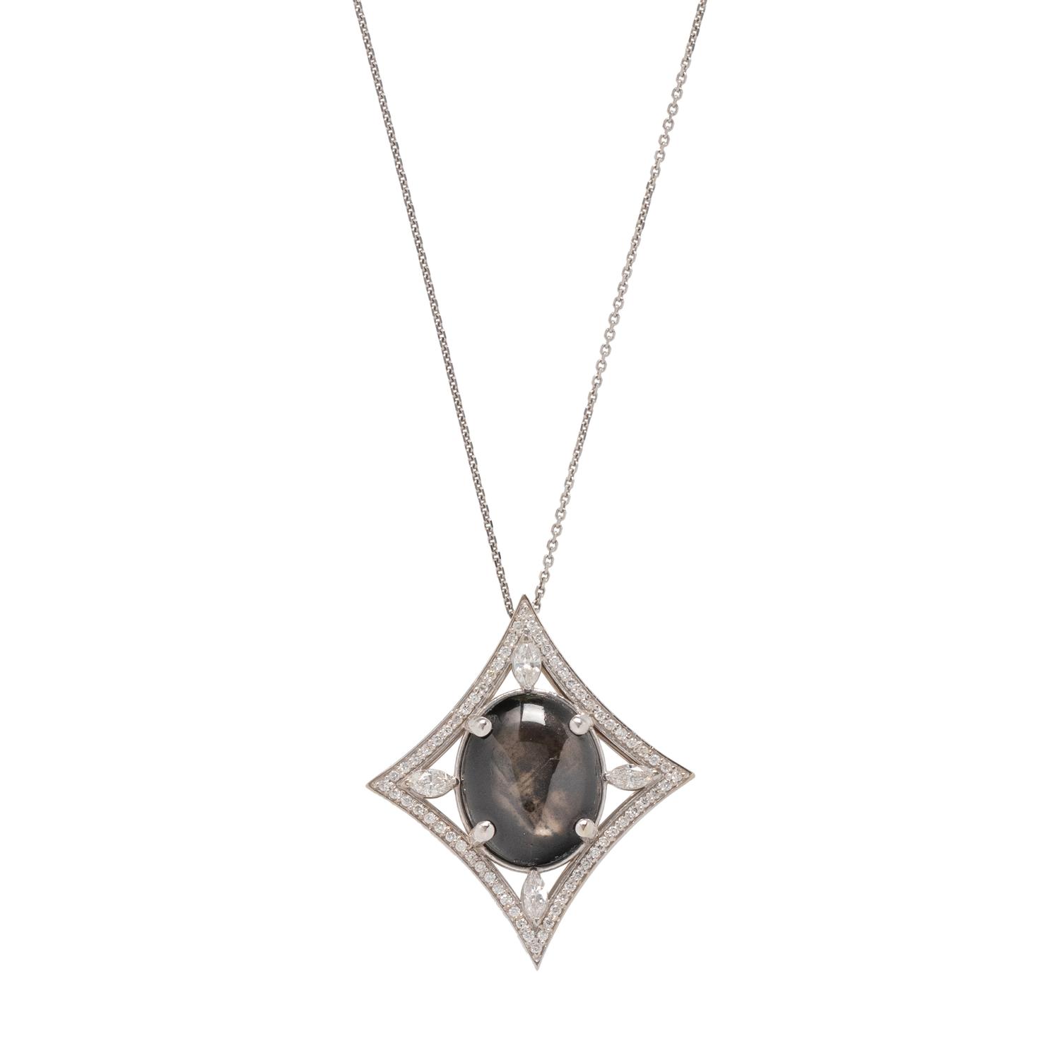 BLACK STAR SAPPHIRE AND DIAMOND PENDANT/NECKLACE