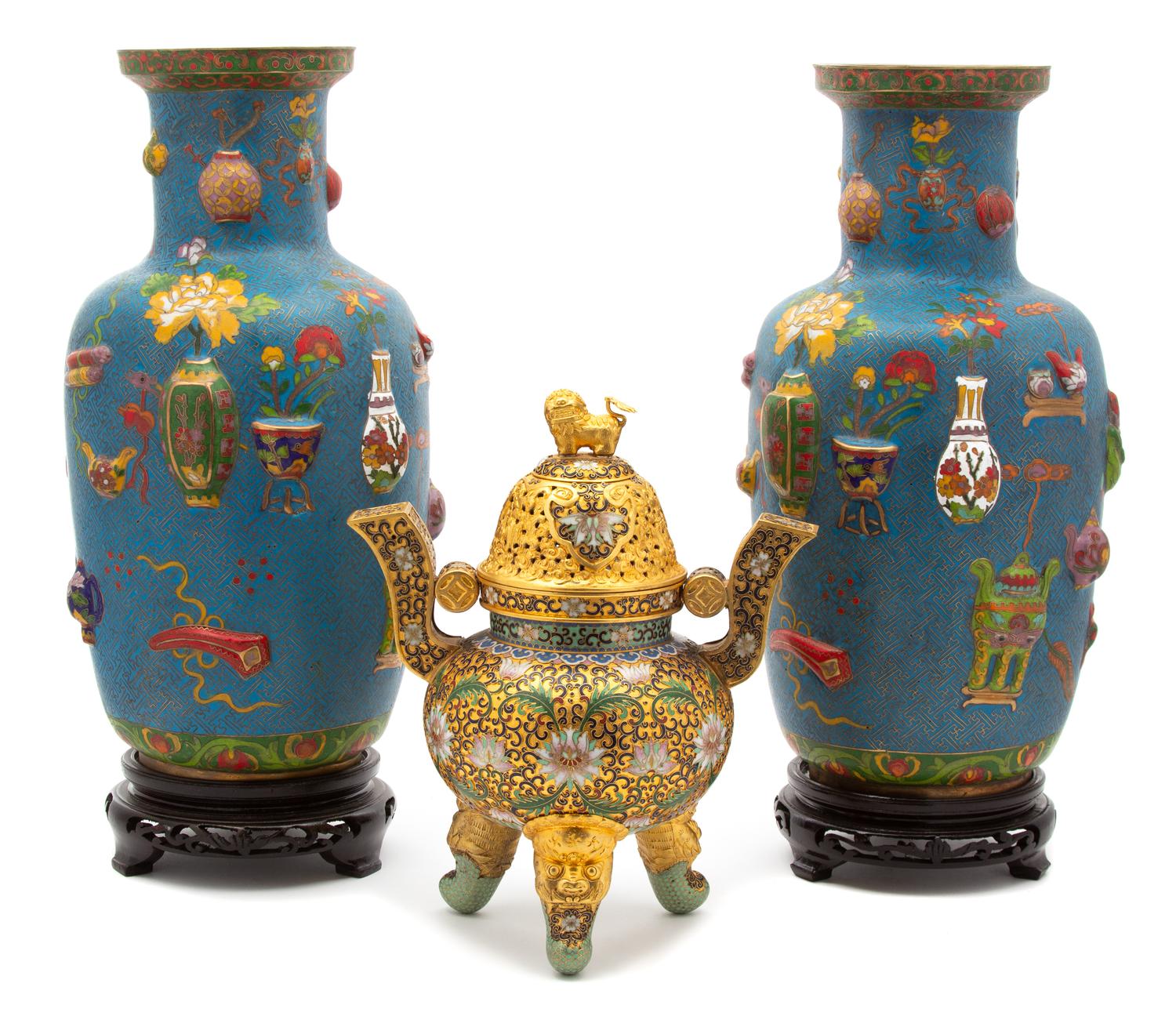 Three Chinese Cloisonne Articles Height of taller 14 1/4 inches. — 20TH CENTURY