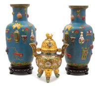 Three Chinese Cloisonne Articles Height of taller 14 1/4 inches. — 20TH CENTURY