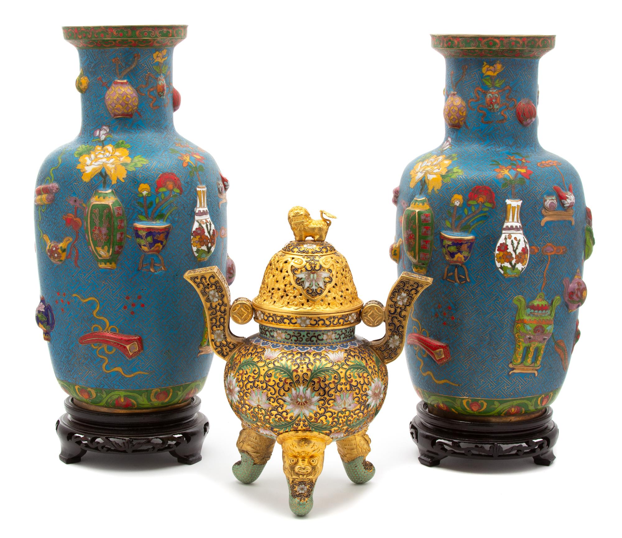 Three Chinese Cloisonne Articles Height of taller 14 1/4 inches. — 20TH CENTURY
