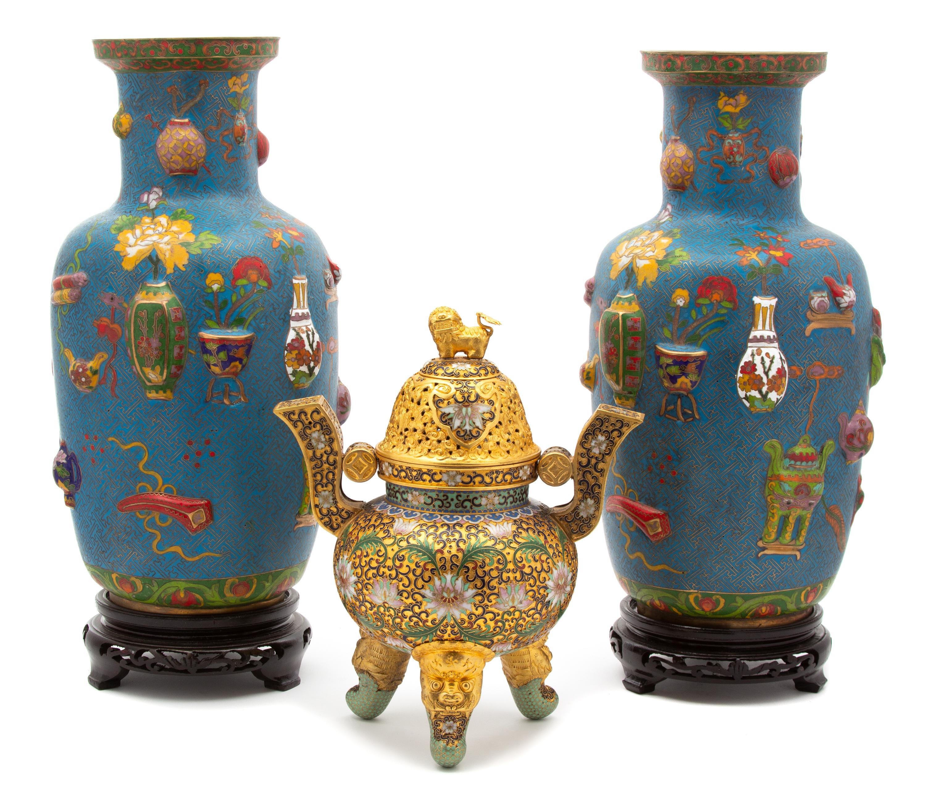 Three Chinese Cloisonne Articles Height of taller 14 1/4 inches. — 20TH CENTURY