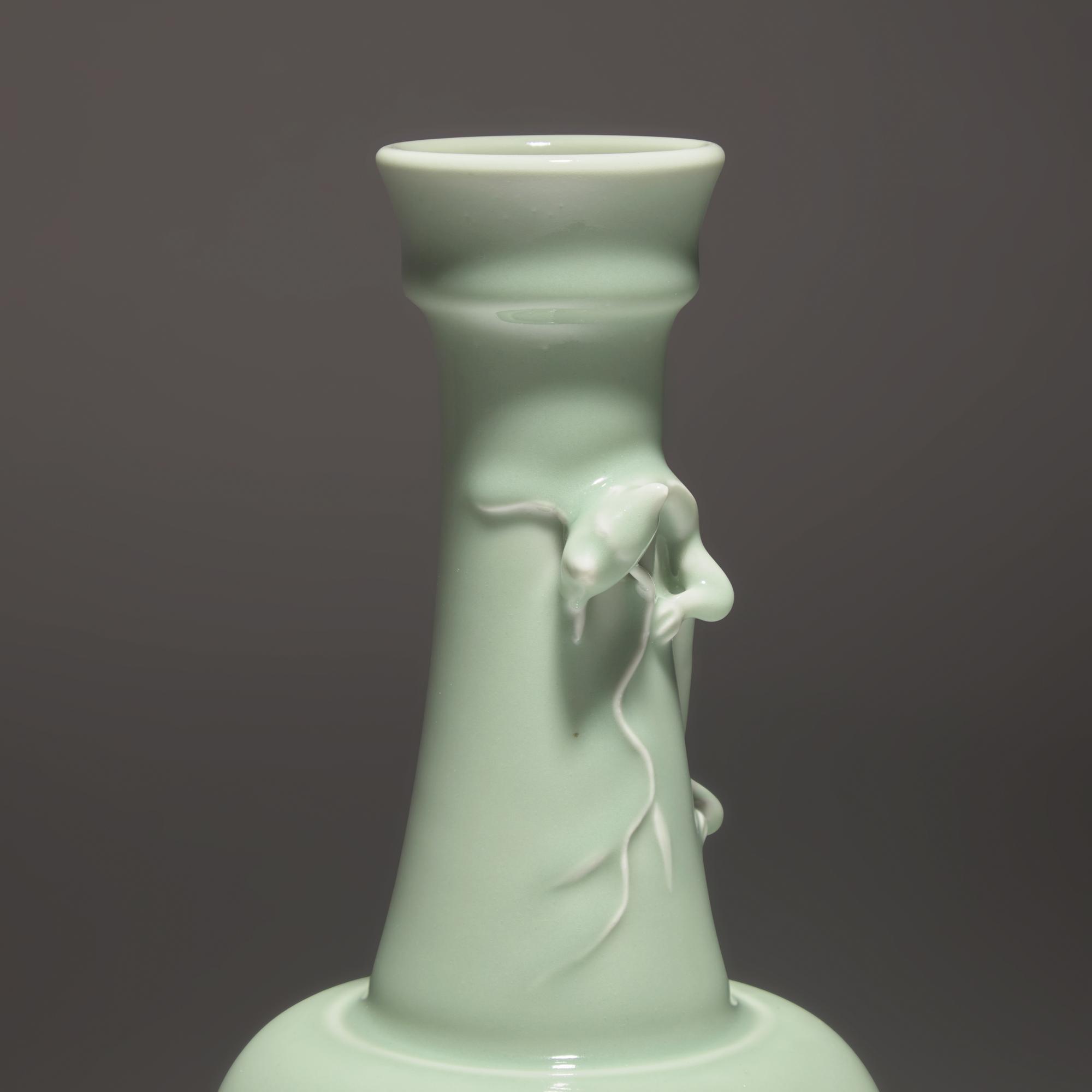 A Chinese Celadon Glazed 'Chilong' Vase, Yongzheng Mark — 雍正款 粉青釉盤螭龍長頸瓶