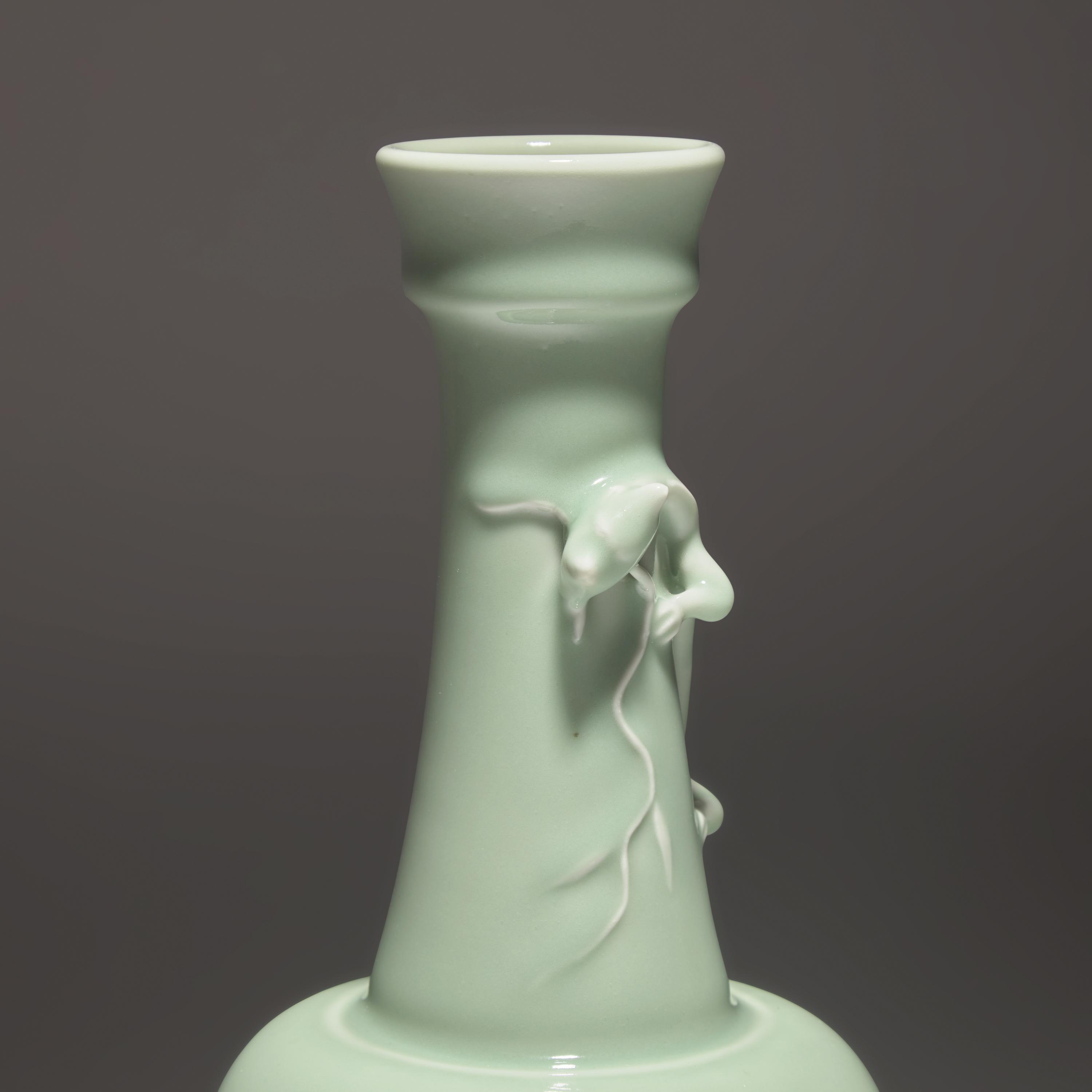 A Chinese Celadon Glazed 'Chilong' Vase, Yongzheng Mark — 雍正款 粉青釉盤螭龍長頸瓶