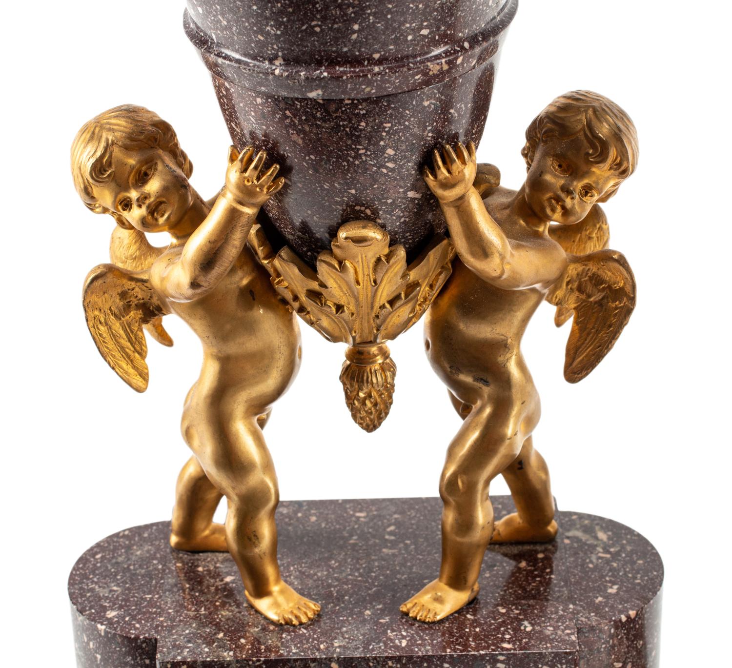 A Pair of Directoire Style Gilt Bronze and Marble Urn Ornaments