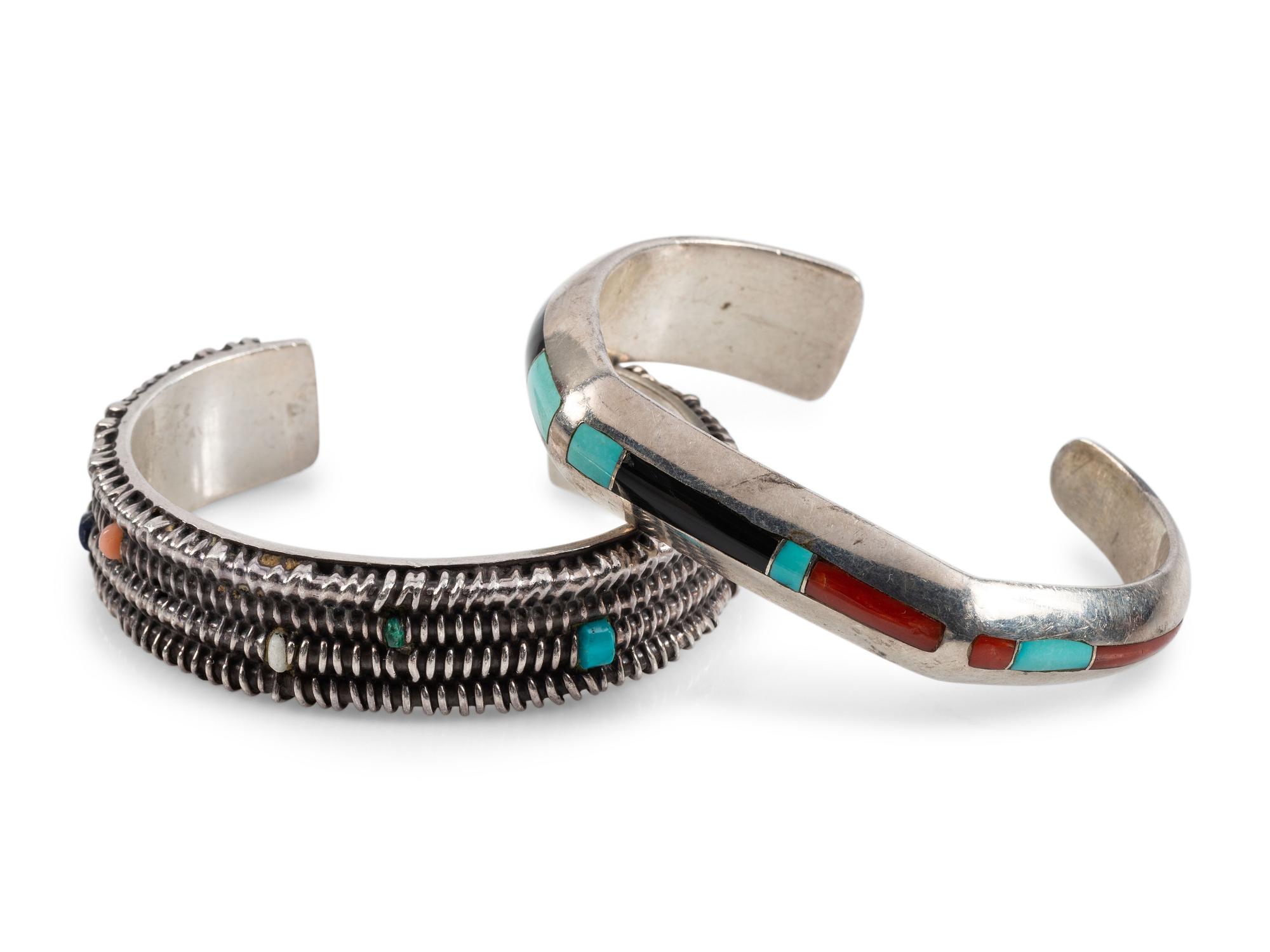 Pair of Sterling Silver Cuff Bracelets, with Inlay