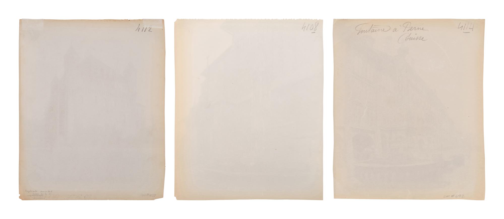 A group of three photographs depicting Swiss scenes ( [Lausanne, Suisse]; Fontaine a Berne (Suisse); Fontaine de Lausanne (Suisse) )
