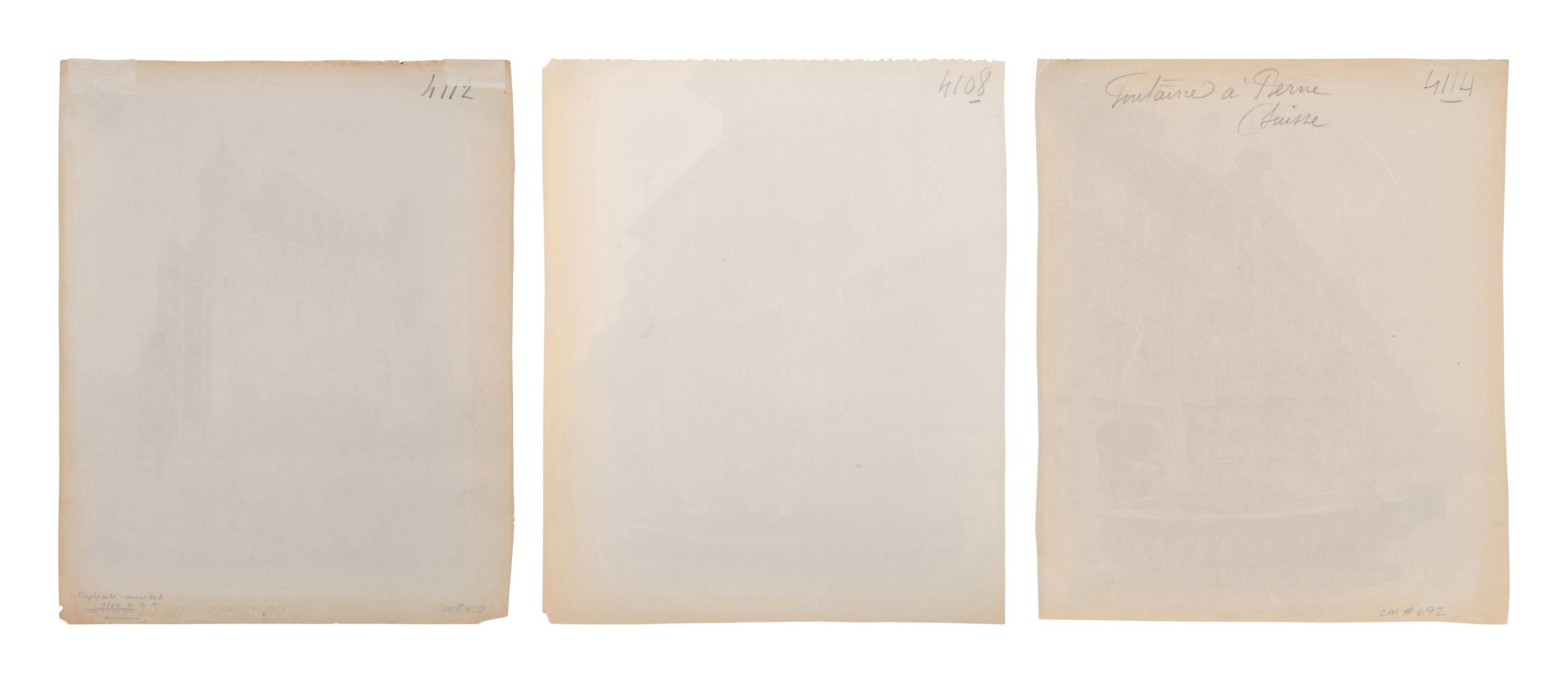 A group of three photographs depicting Swiss scenes ( [Lausanne, Suisse]; Fontaine a Berne (Suisse); Fontaine de Lausanne (Suisse) )