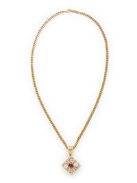 DIAMOND, RUBY, AND YELLOW GOLD PENDANT NECKLACE
