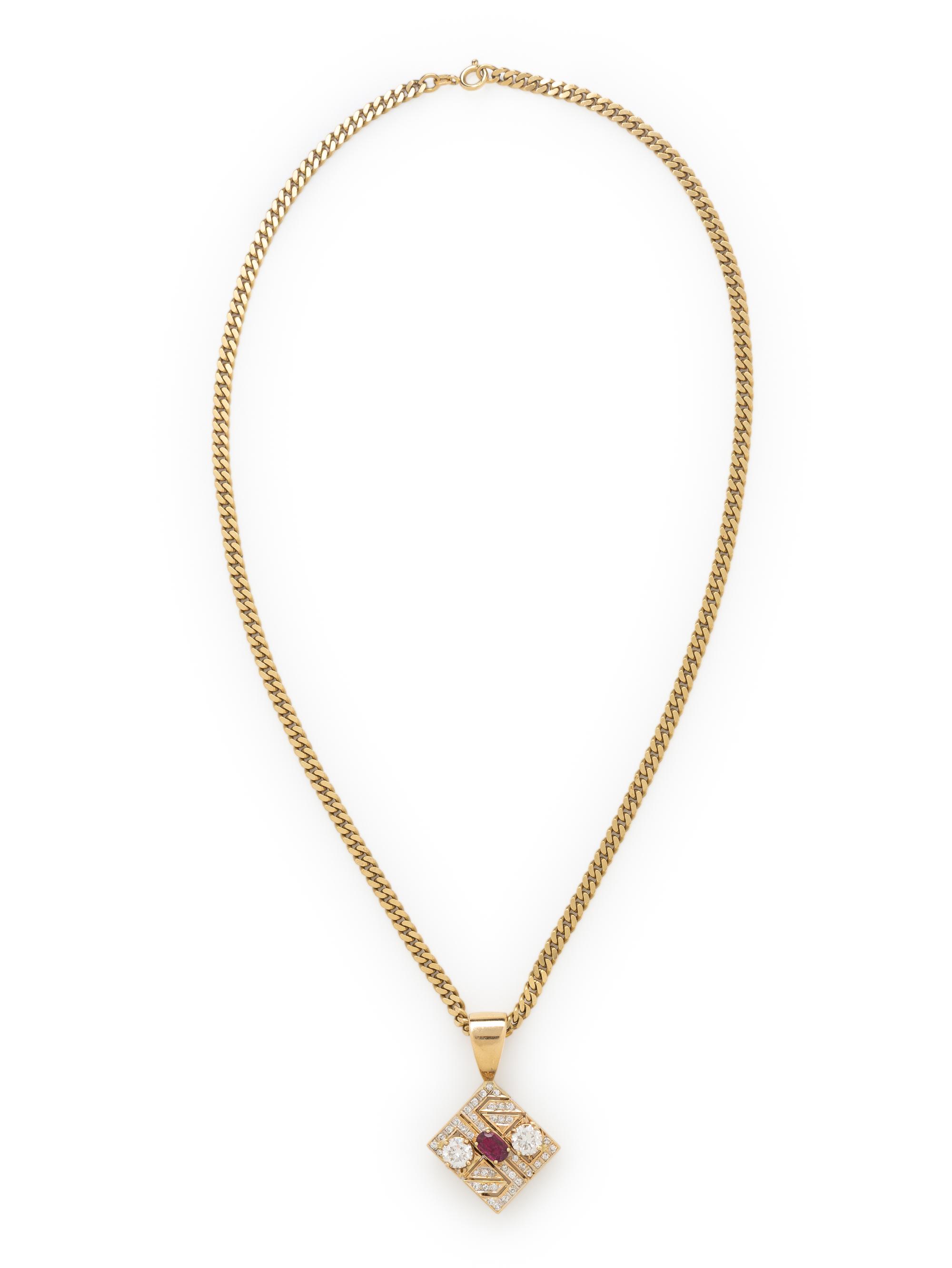 DIAMOND, RUBY, AND YELLOW GOLD PENDANT NECKLACE