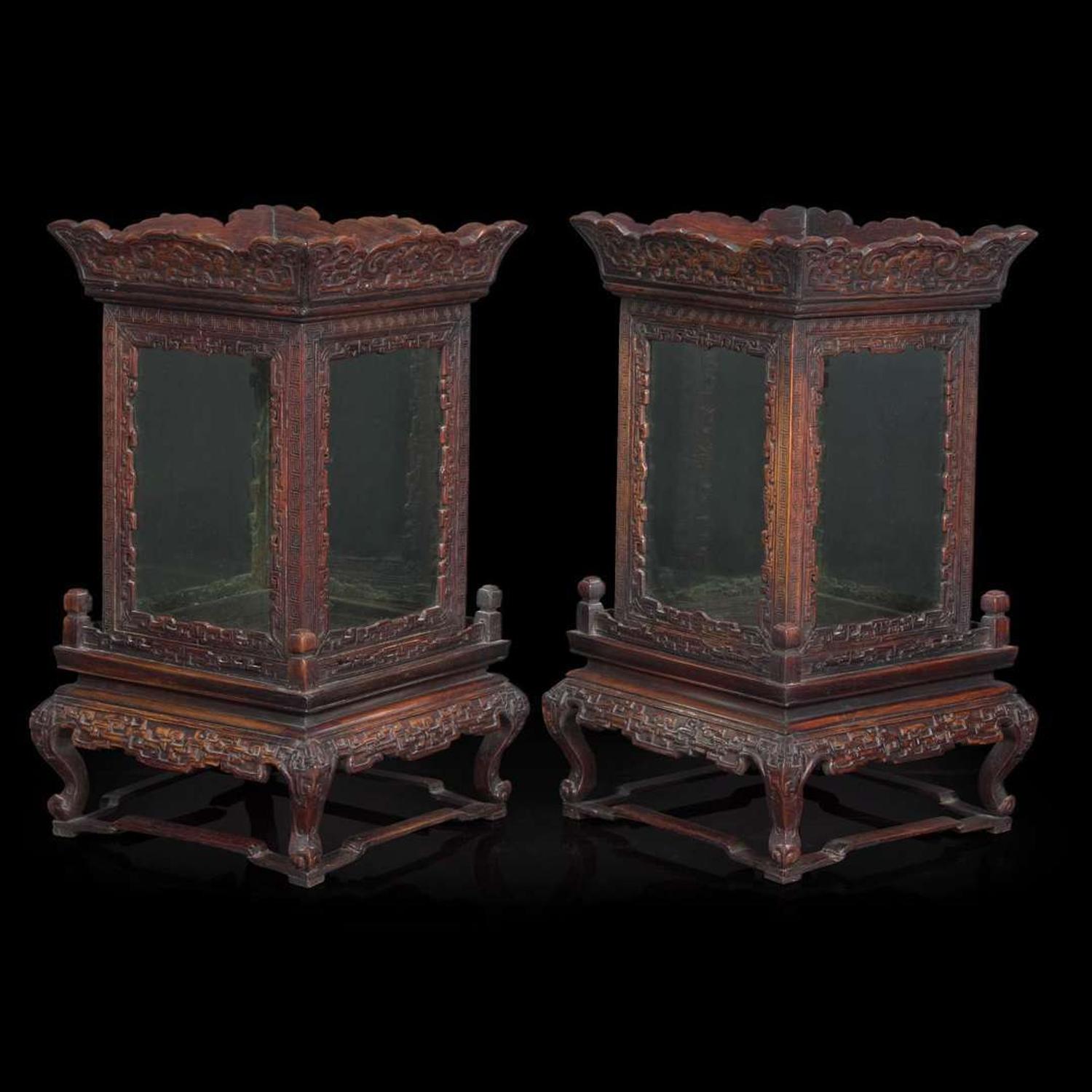 A pair of Chinese carved hardwood lanterns or small vitrines 硬木灯笼一对