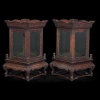 A pair of Chinese carved hardwood lanterns or small vitrines 硬木灯笼一对