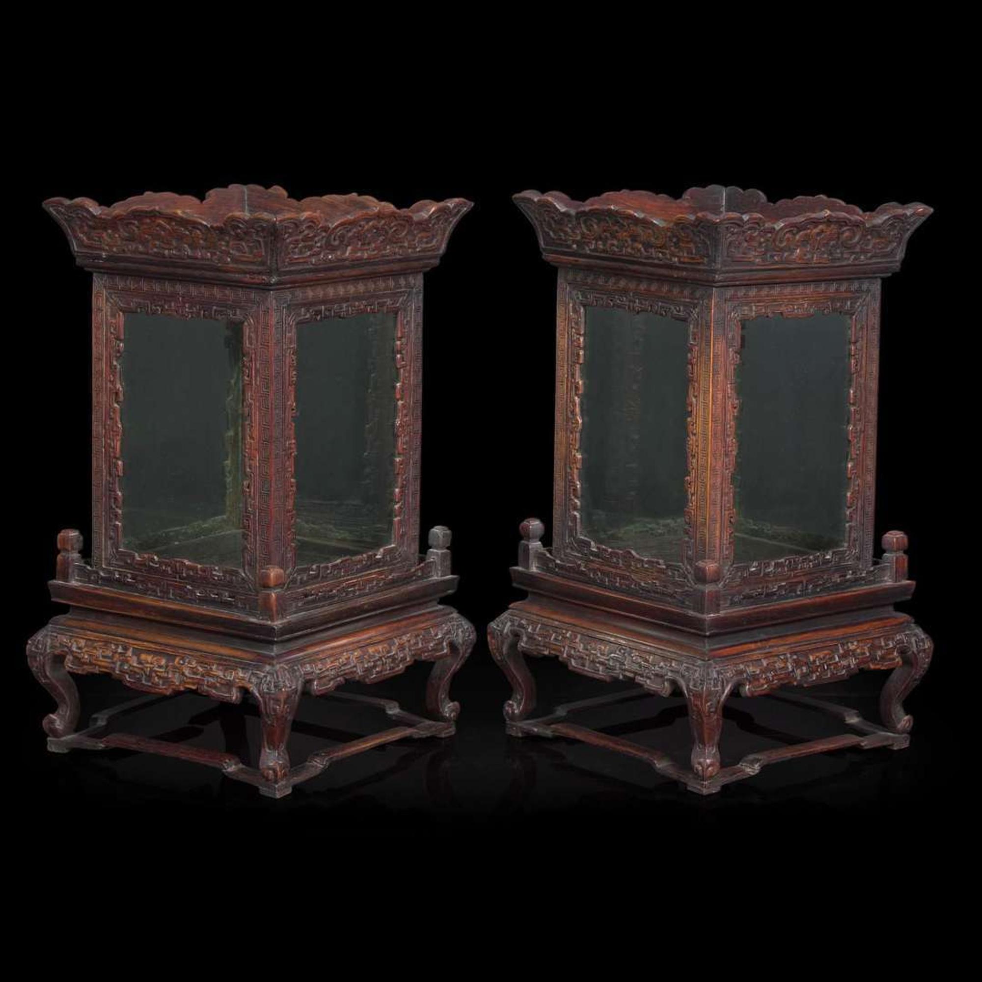 A pair of Chinese carved hardwood lanterns or small vitrines 硬木灯笼一对