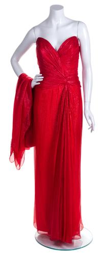 A Bob Mackie Red Strapless Layered Gown, Size 10.