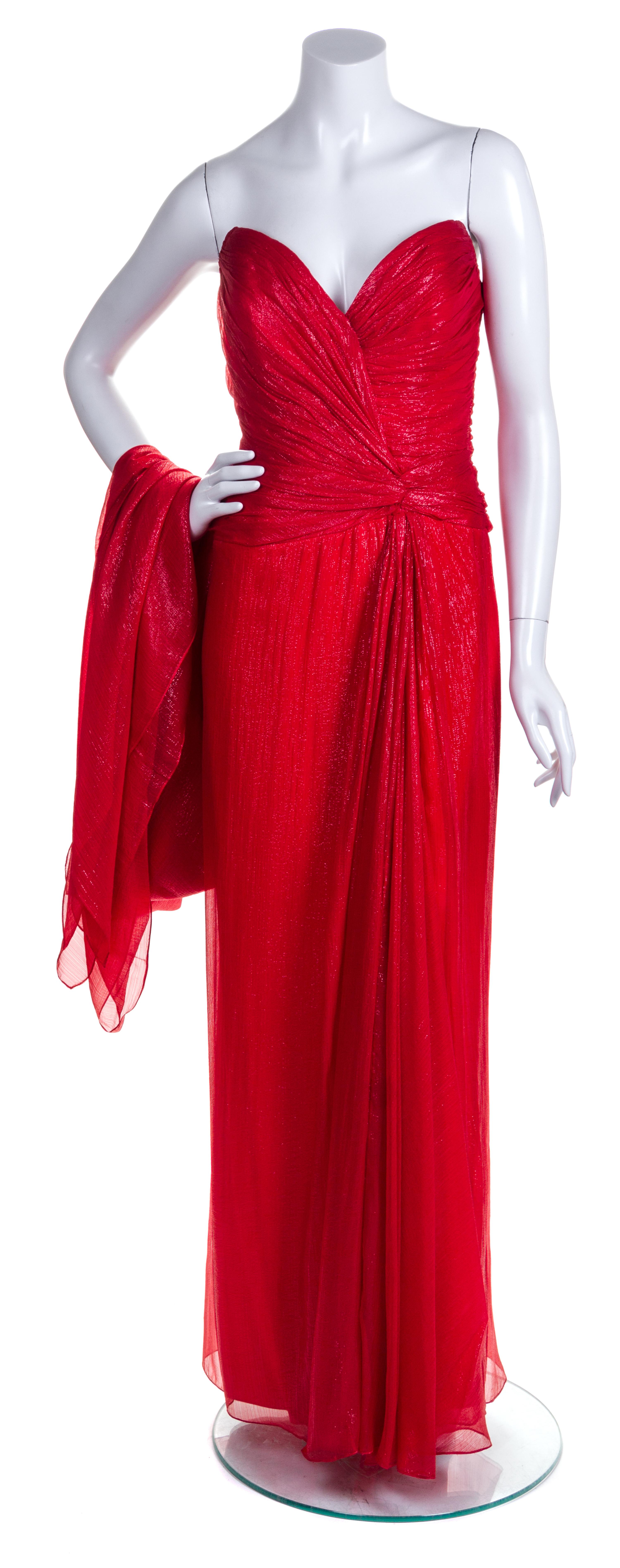 A Bob Mackie Red Strapless Layered Gown, Size 10.