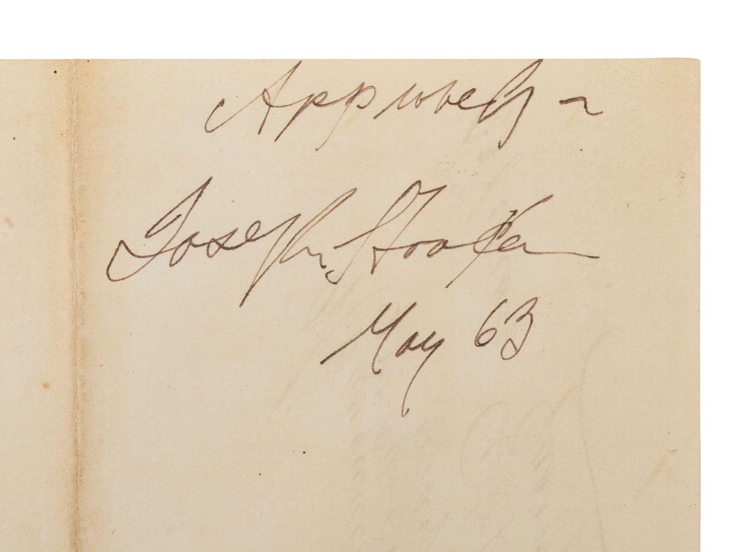 [CIVIL WAR]. HOOKER, Gen. Joseph (1814-1879). Endorsement signed ("Joseph Hooker") on request to General Alfred Pleasanton for casualty figures from the Battle of Chancellorsville.