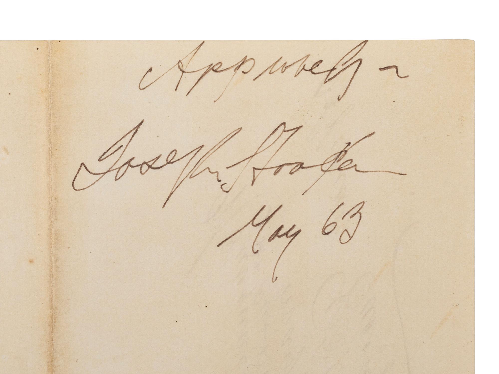 [CIVIL WAR]. HOOKER, Gen. Joseph (1814-1879). Endorsement signed ("Joseph Hooker") on request to General Alfred Pleasanton for casualty figures from the Battle of Chancellorsville.