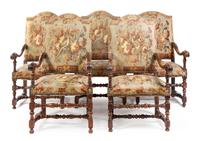 An Assembled Set of Five French Baroque Walnut Armchairs Height 46 1/2 inches. — 18TH CENTURY