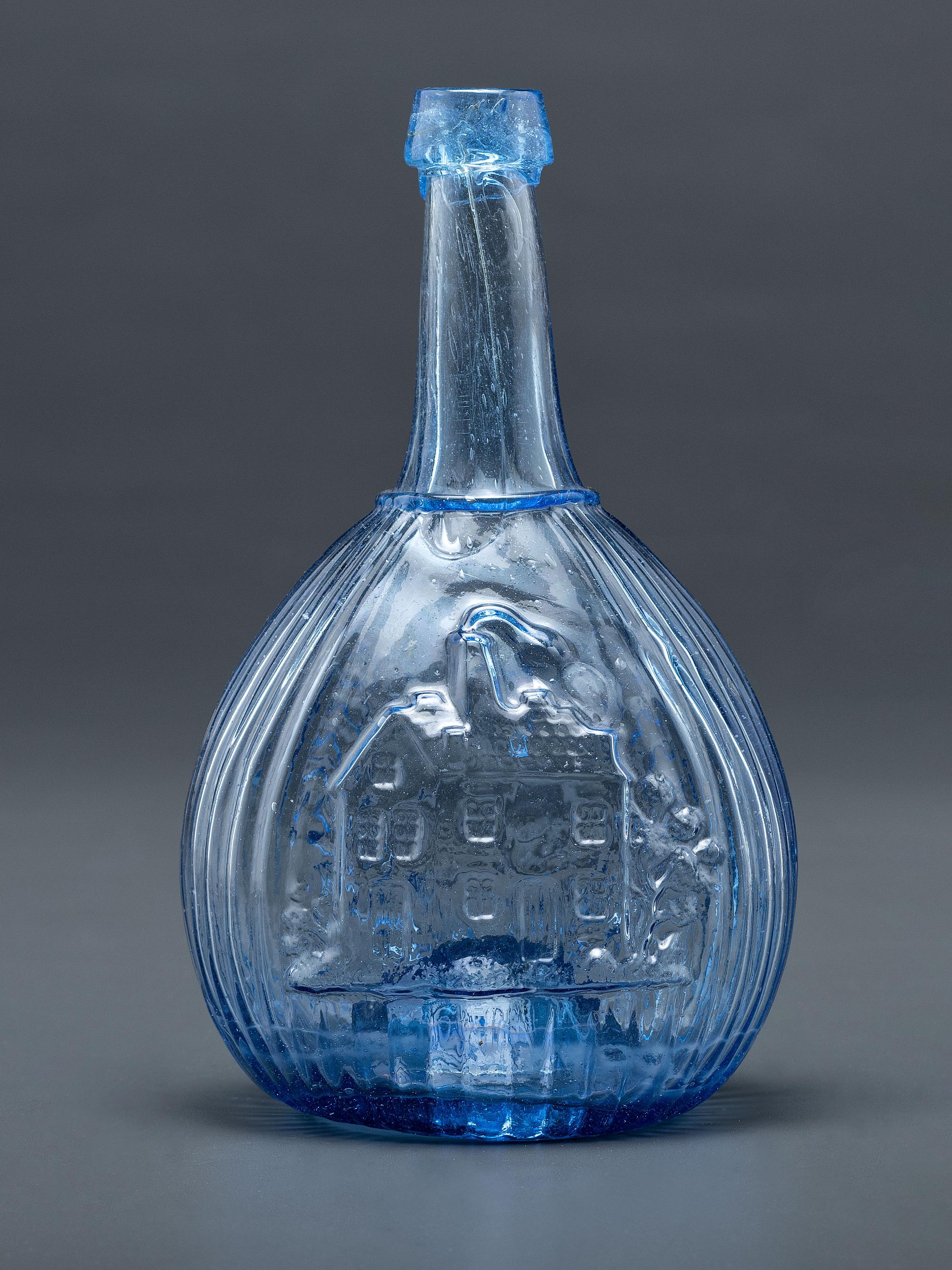 A Molded-Glass New Calabash Bottle in Blue by Whitney Glass Works, Glassboro, New Jersey