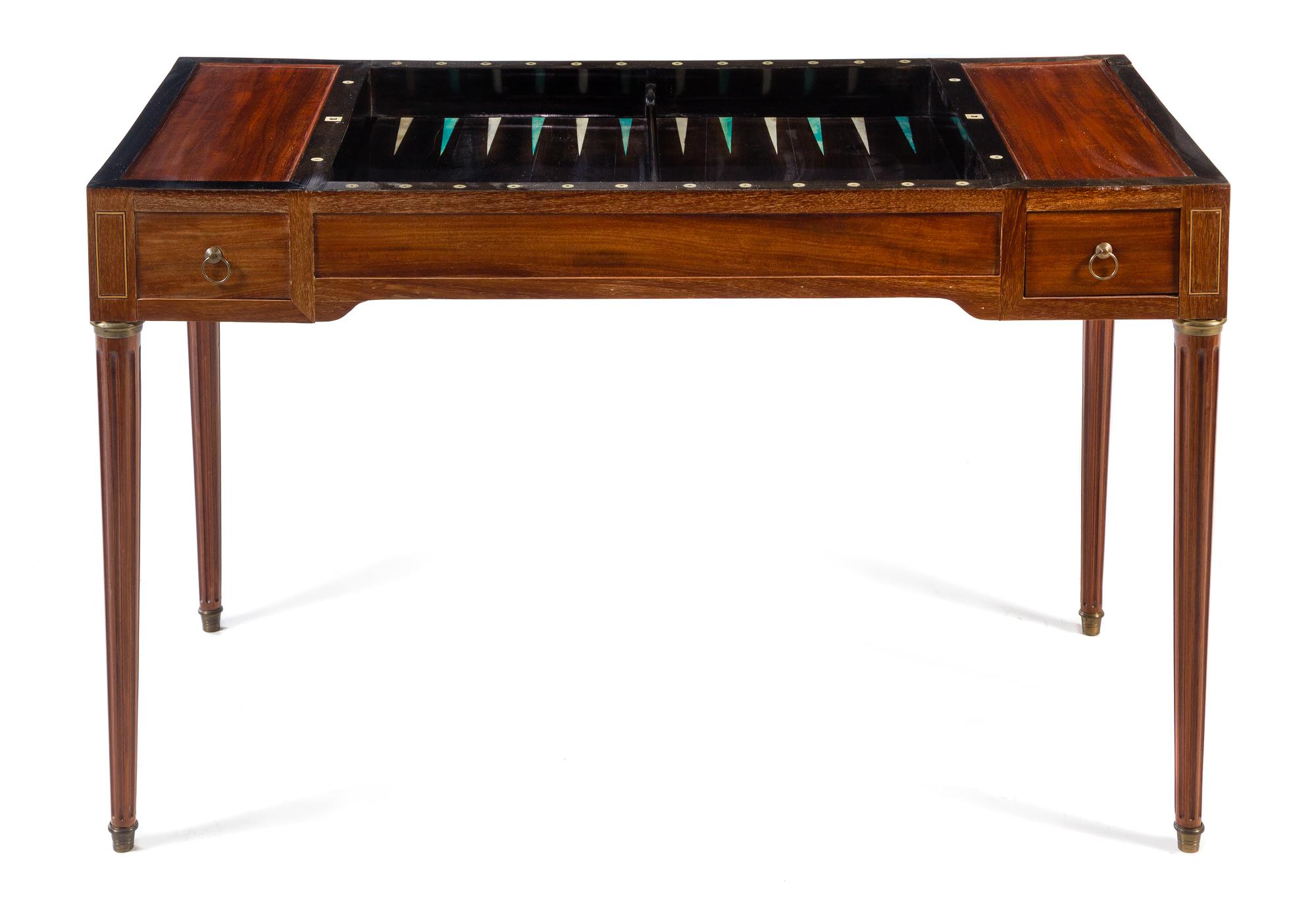 A Louis XVI Style Mahogany Tric-Trac Table Height 28 1/2 x width 45 x depth 22 1/2 inches. — LATE 19TH CENTURY