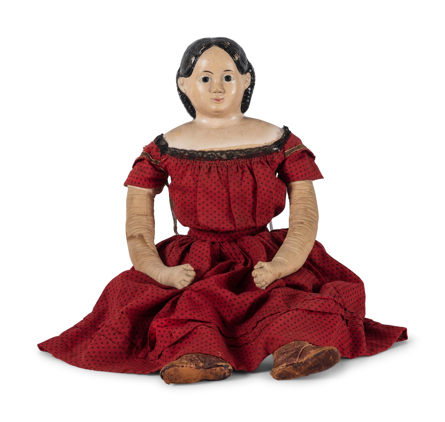 Two Red Painted Wood Child’s Chairs with Dolls