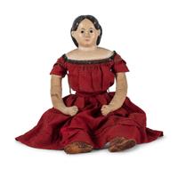 Two Red Painted Wood Child’s Chairs with Dolls