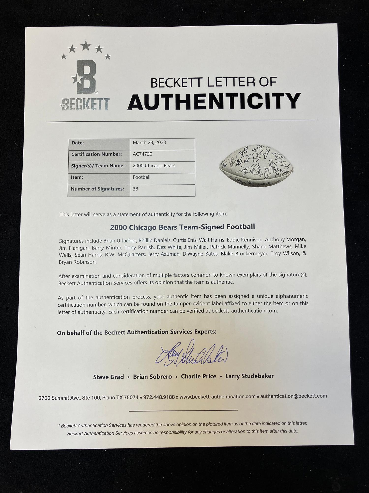 A 2000 Chicago Bears Team Signed Autograph Football - Brian Urlacher Rookie Season (Beckett Authentication Services Letter),