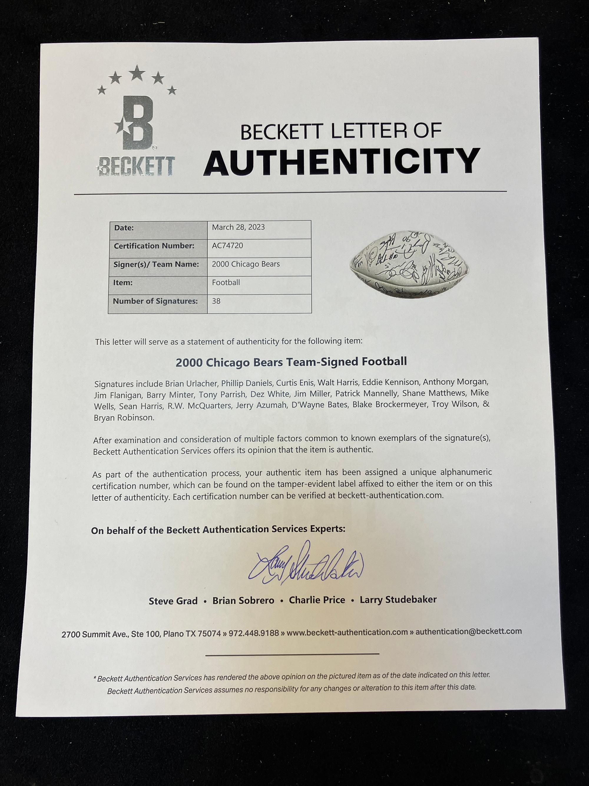 A 2000 Chicago Bears Team Signed Autograph Football - Brian Urlacher Rookie Season (Beckett Authentication Services Letter),