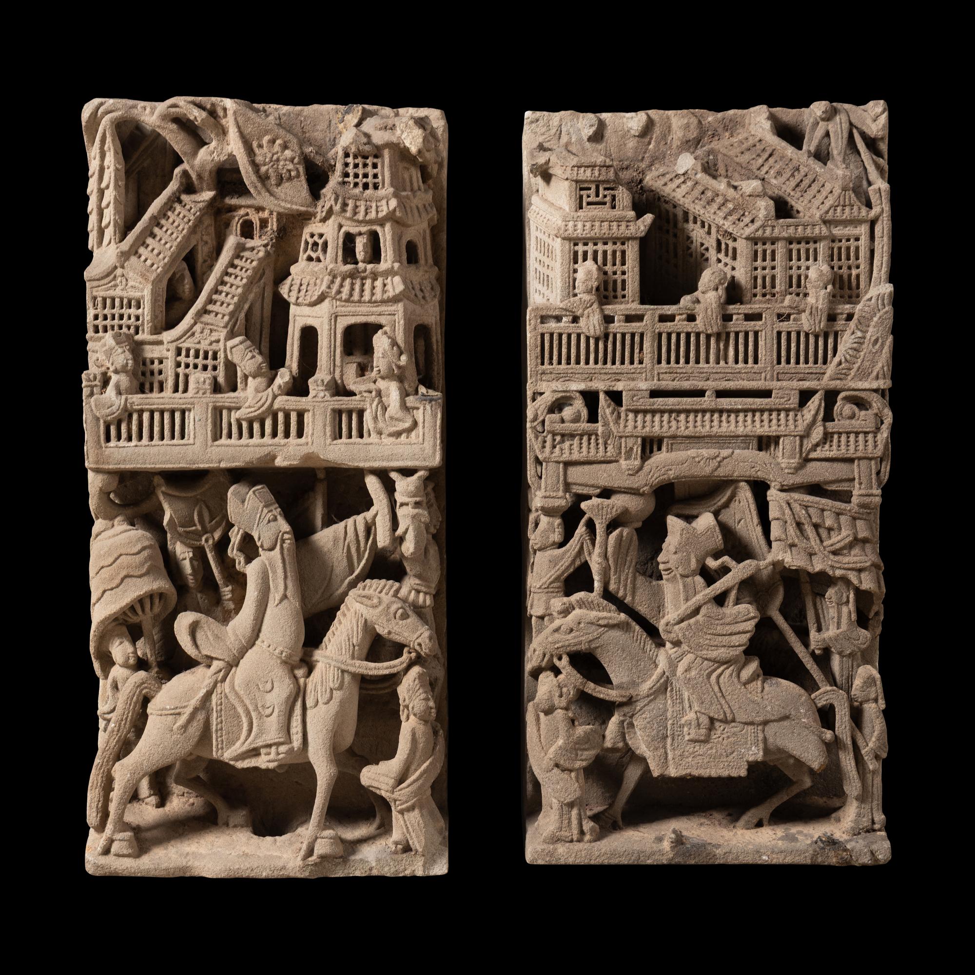 A Pair of Chinese Carved Stone Panels, 18th-19th Century — 清中期 亭台人物圖石雕一對
