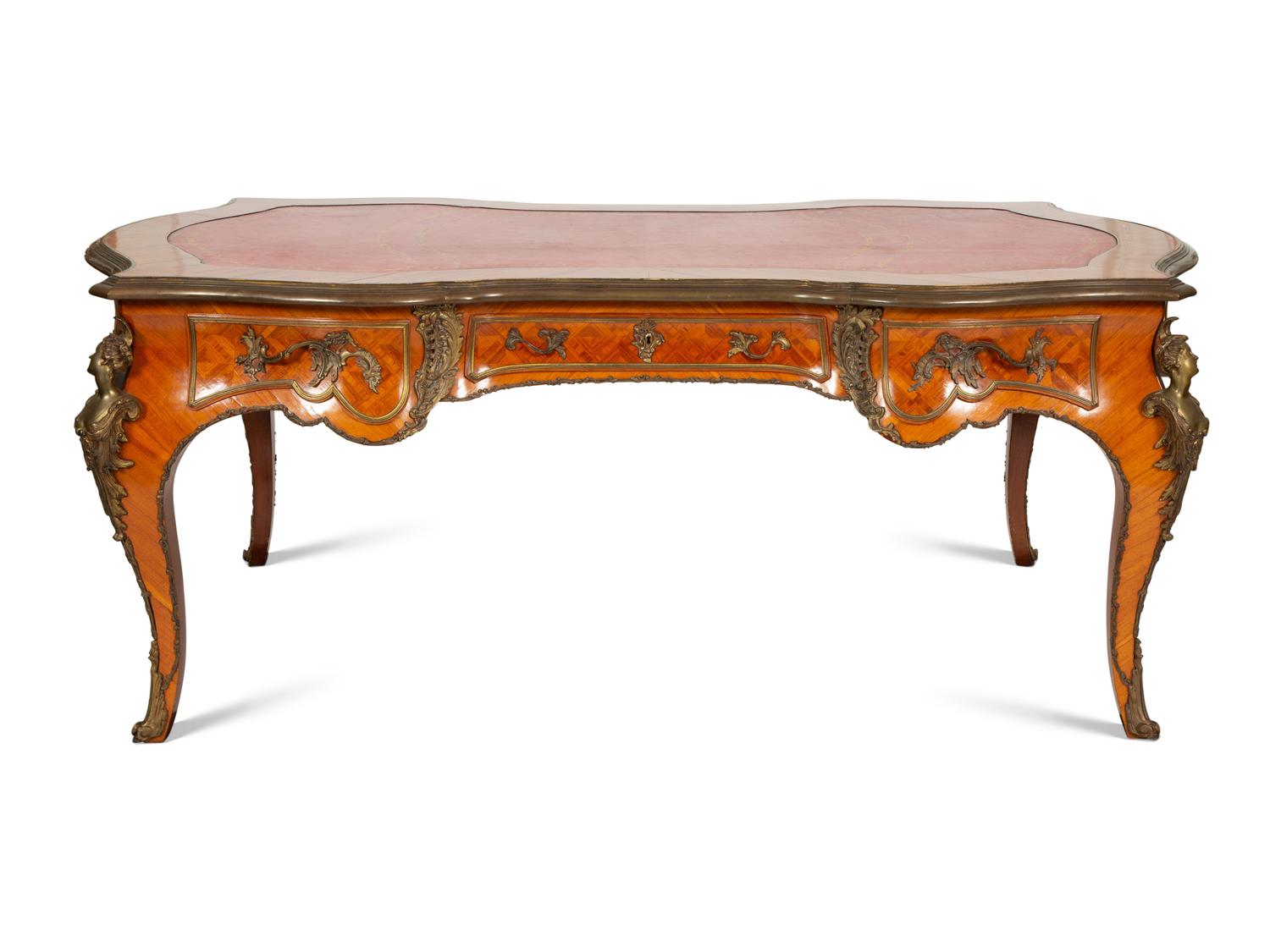 A Louis XV Style Gilt Bronze Mounted Parquetry Bureau Plat