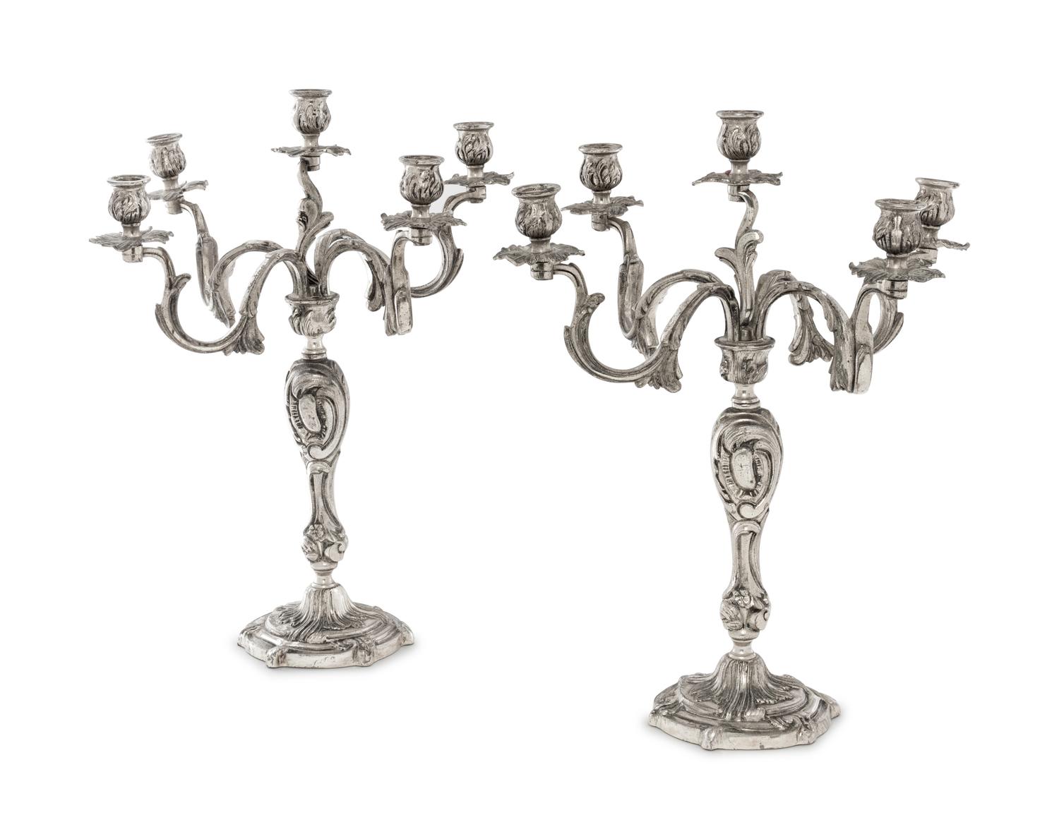 A Pair of Louis XV Style Silvered Bronze Five-Light Candelabra
