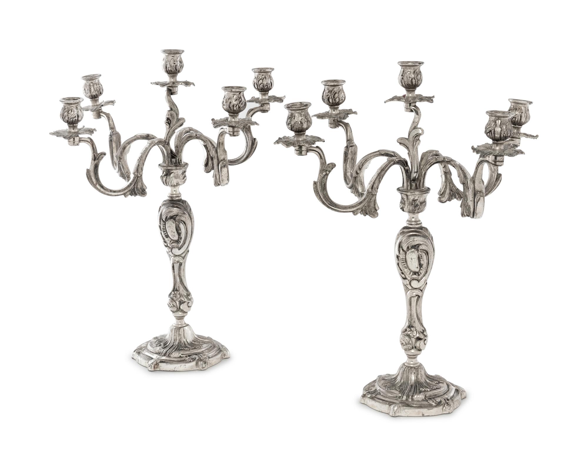 A Pair of Louis XV Style Silvered Bronze Five-Light Candelabra
