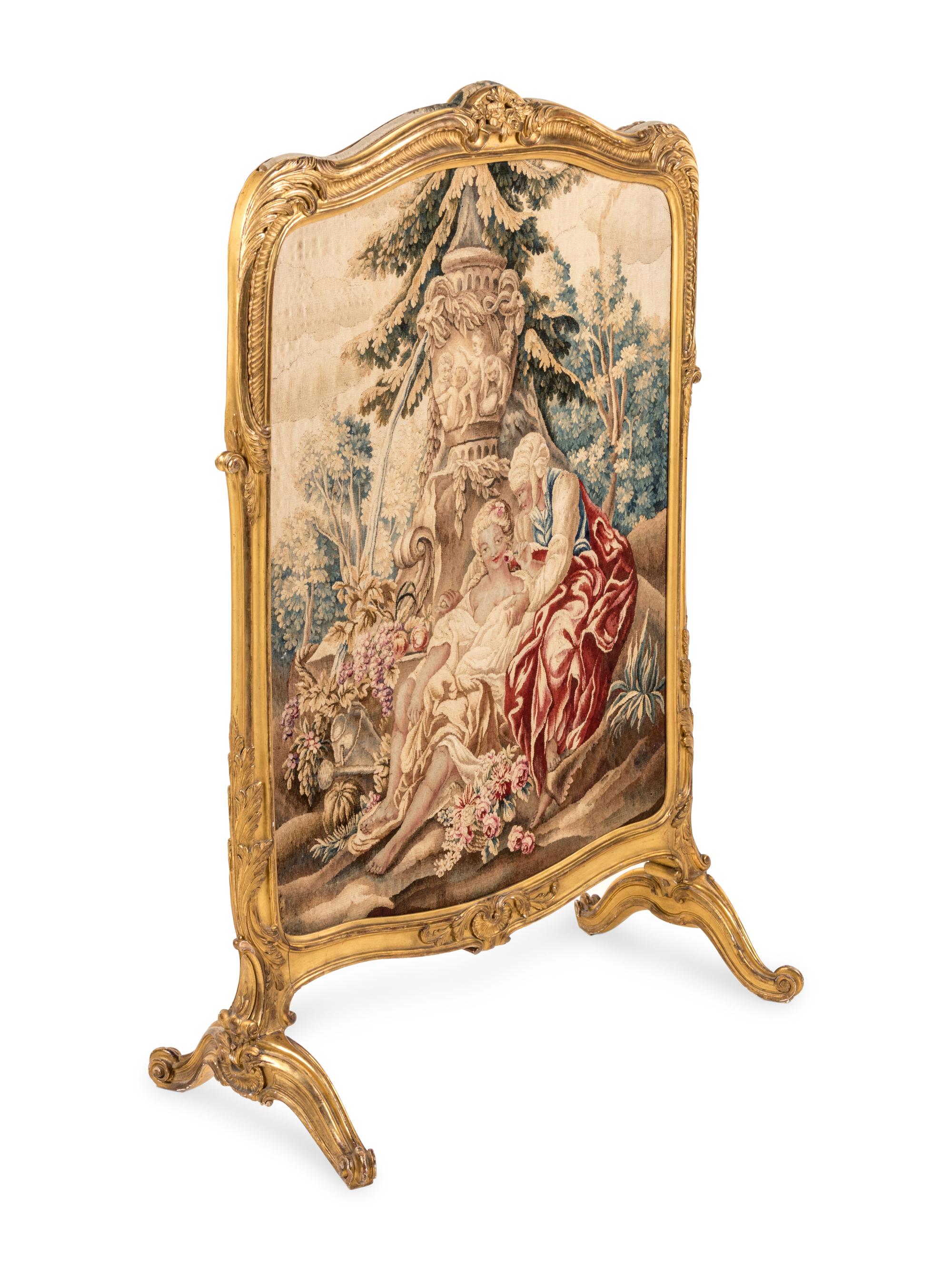 A Louis XV Style Giltwood and Silk Tapestry-Inset Fire Screen