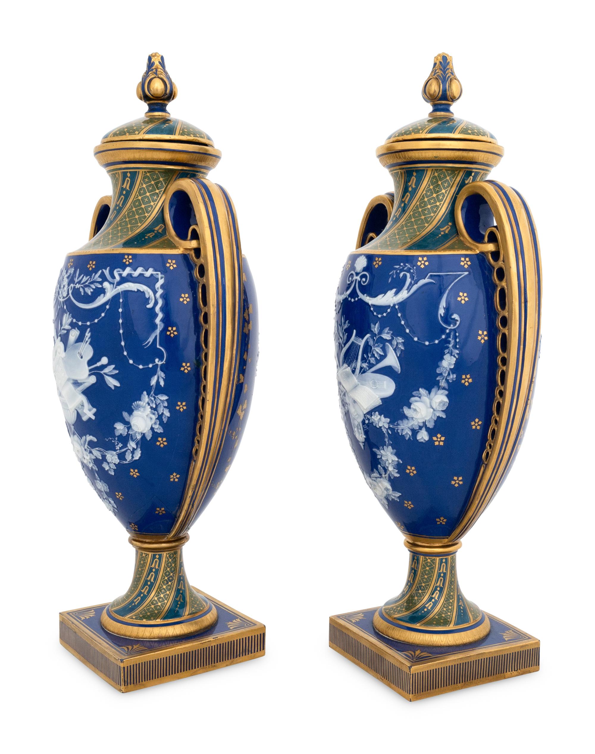 A Pair of Minton's Pâte-sur-Pâte Cobalt Blue Covered Vases