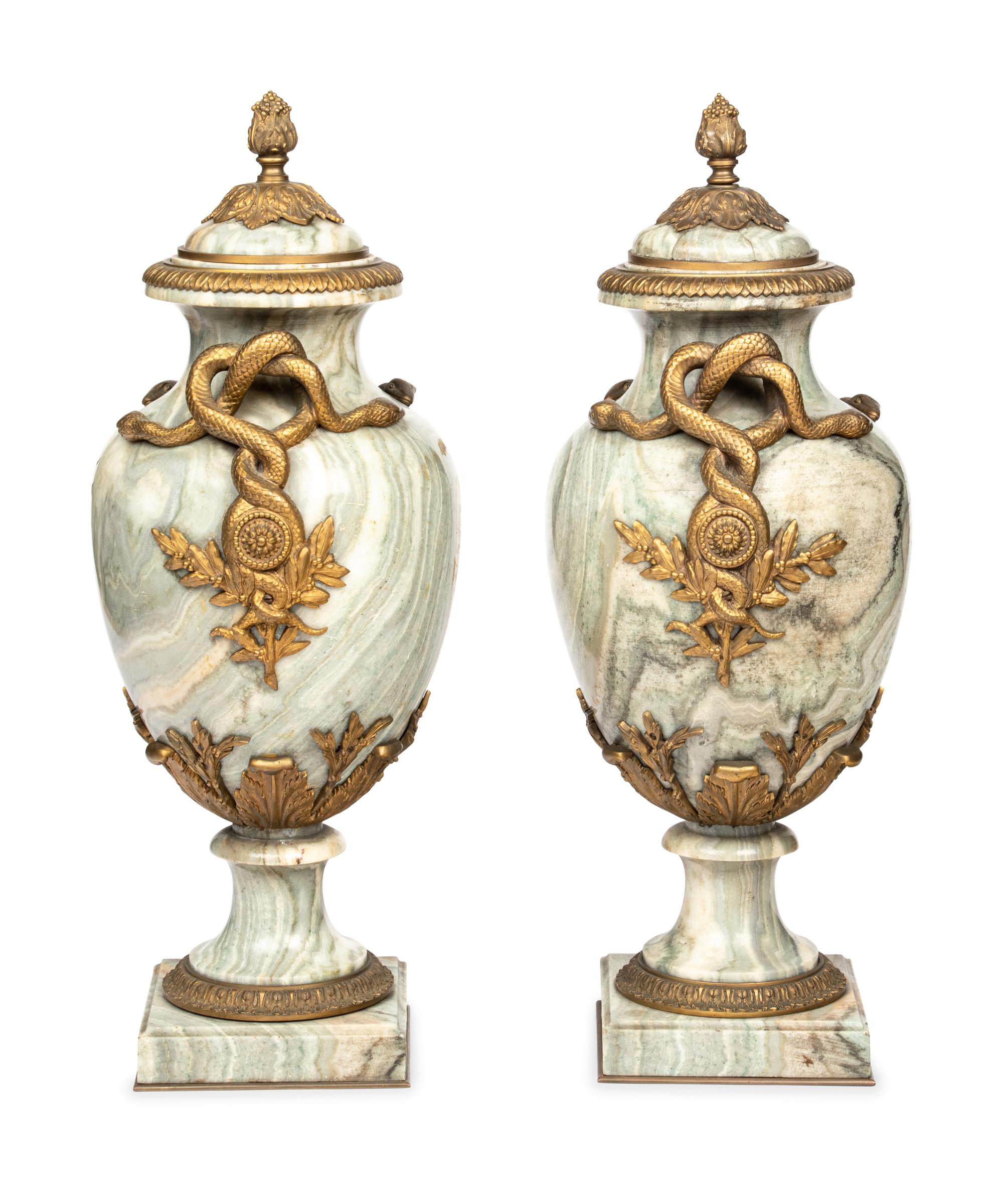 A Pair of French Gilt Bronze-Mounted Marble Urns
