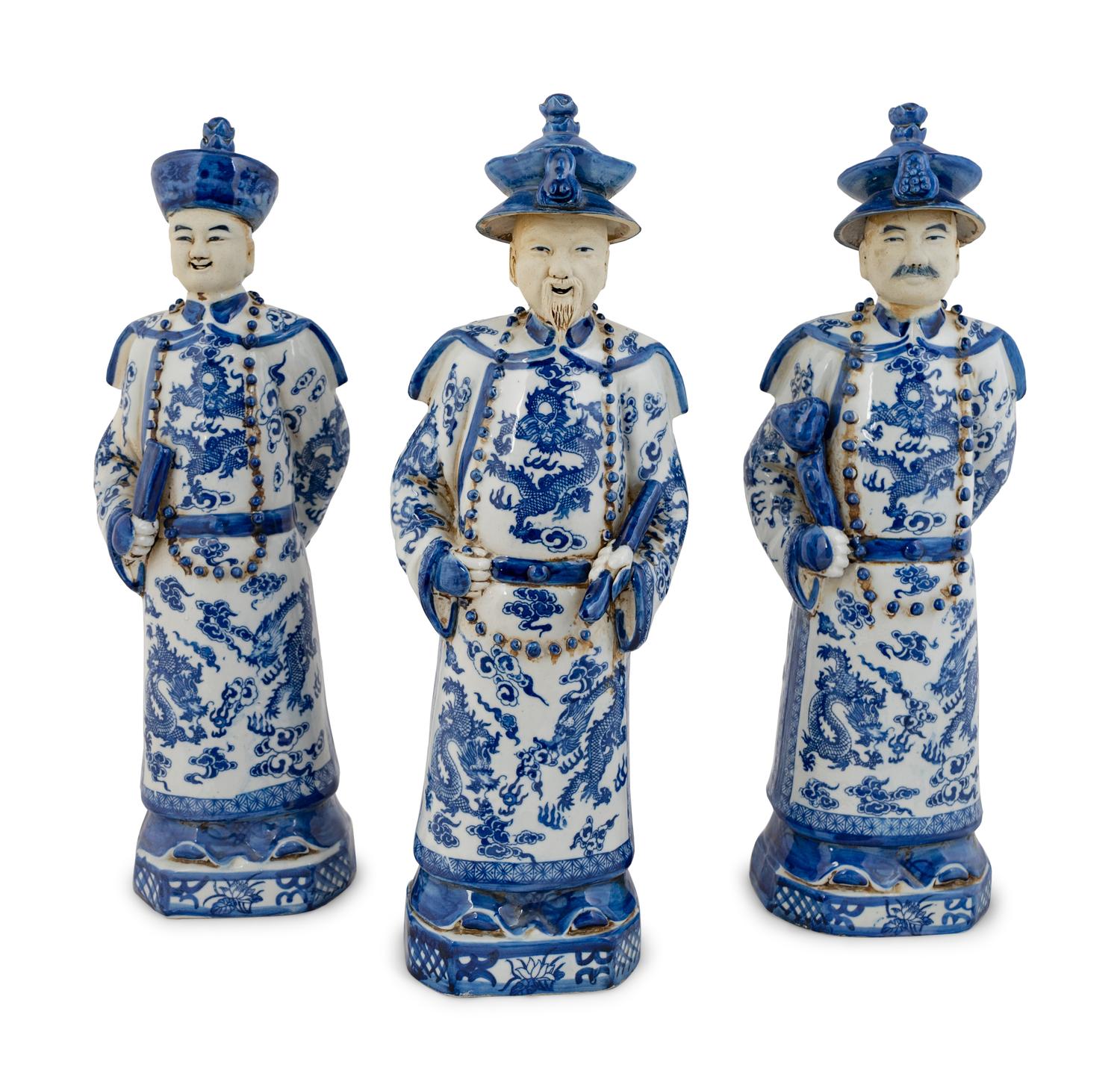 A Group of Three Chinese Blue and White Porcelain Figures of Officials — 20TH CENTURY