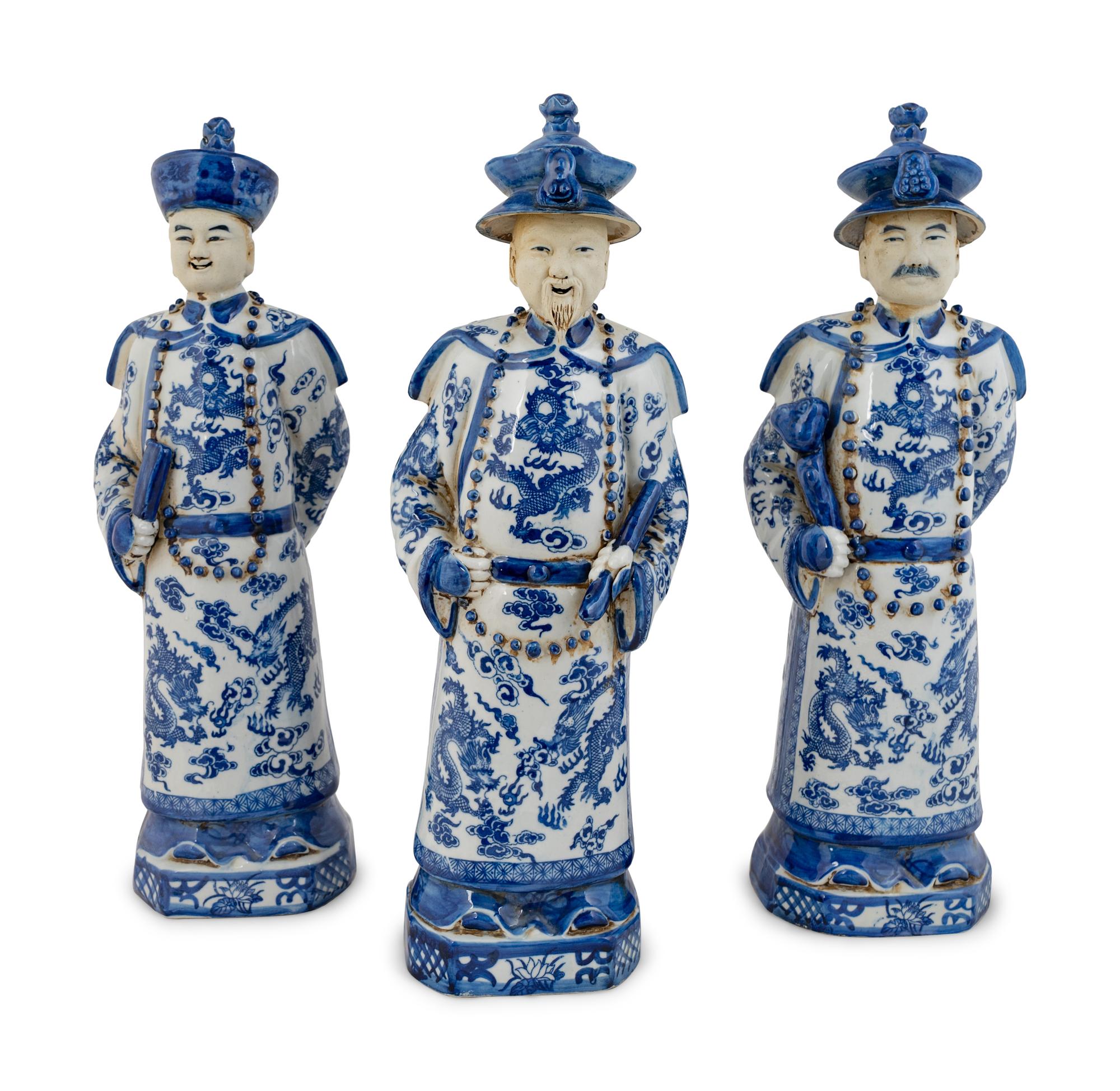 A Group of Three Chinese Blue and White Porcelain Figures of Officials — 20TH CENTURY