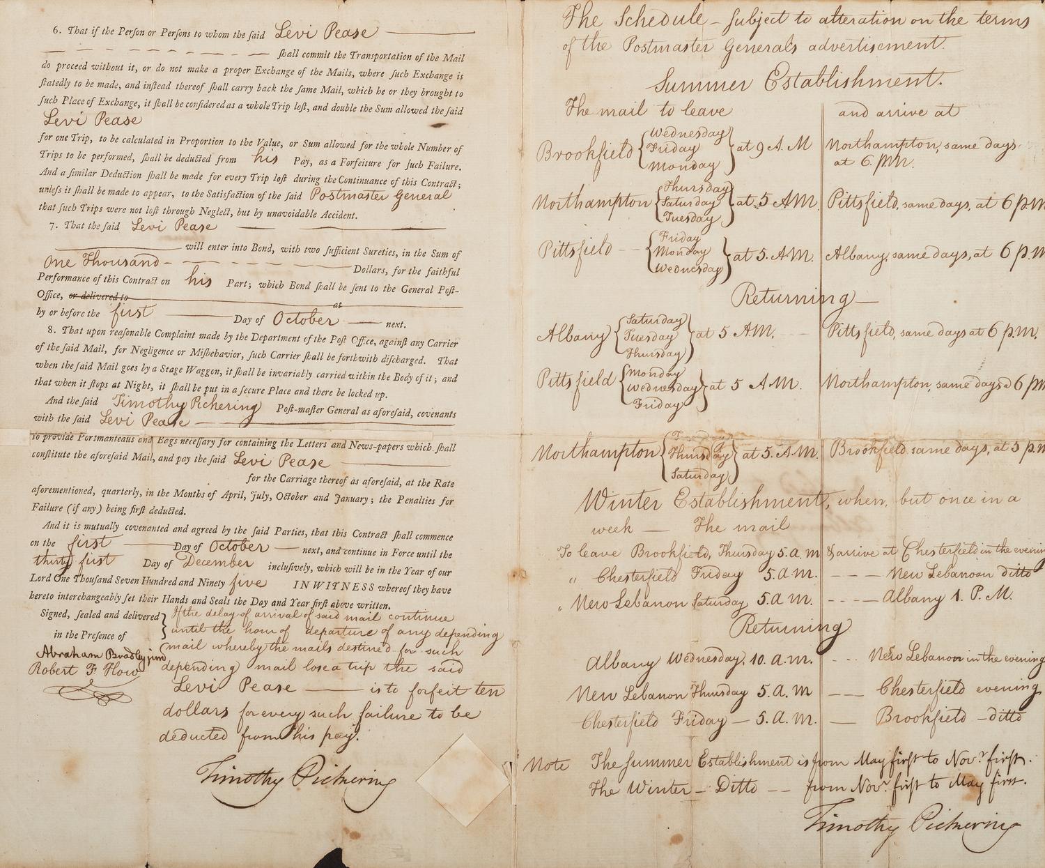 [POSTAL HISTORY]. PICKERING, Timothy (1745-1829). Document twice signed ("Timothy Pickering") for Levi PEASE (1740-1824), as Postmaster General. N,p., 4 September 1794.
