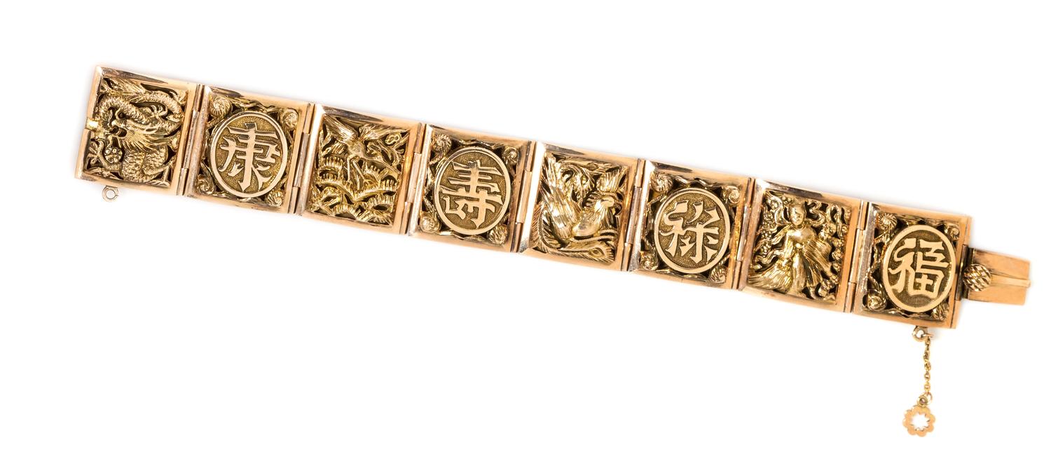 An 18 Karat Rose Gold Asian Motif Bracelet, 47.70 dwts.