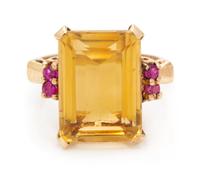 A Retro Rose Gold, Citrine and Ruby Ring, 4.00 dwts.