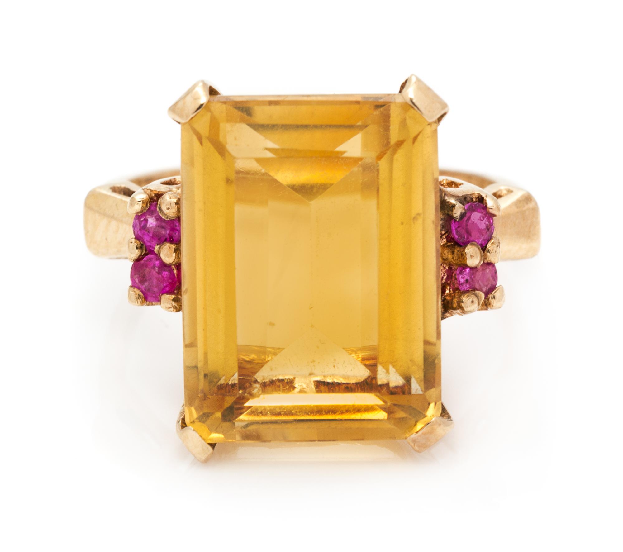 A Retro Rose Gold, Citrine and Ruby Ring, 4.00 dwts.