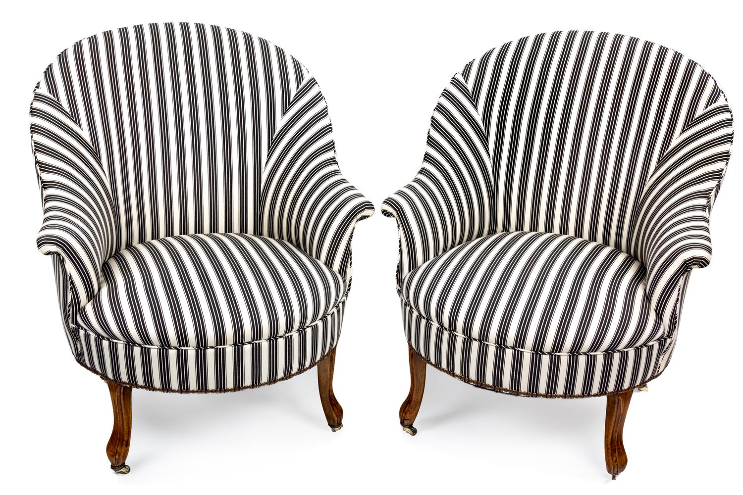 A Pair of Victorian Style Fruitwood and Upholstered Tub-Back Chairs Height 33 inches.
