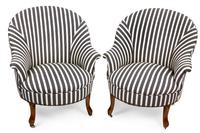 A Pair of Victorian Style Fruitwood and Upholstered Tub-Back Chairs Height 33 inches.