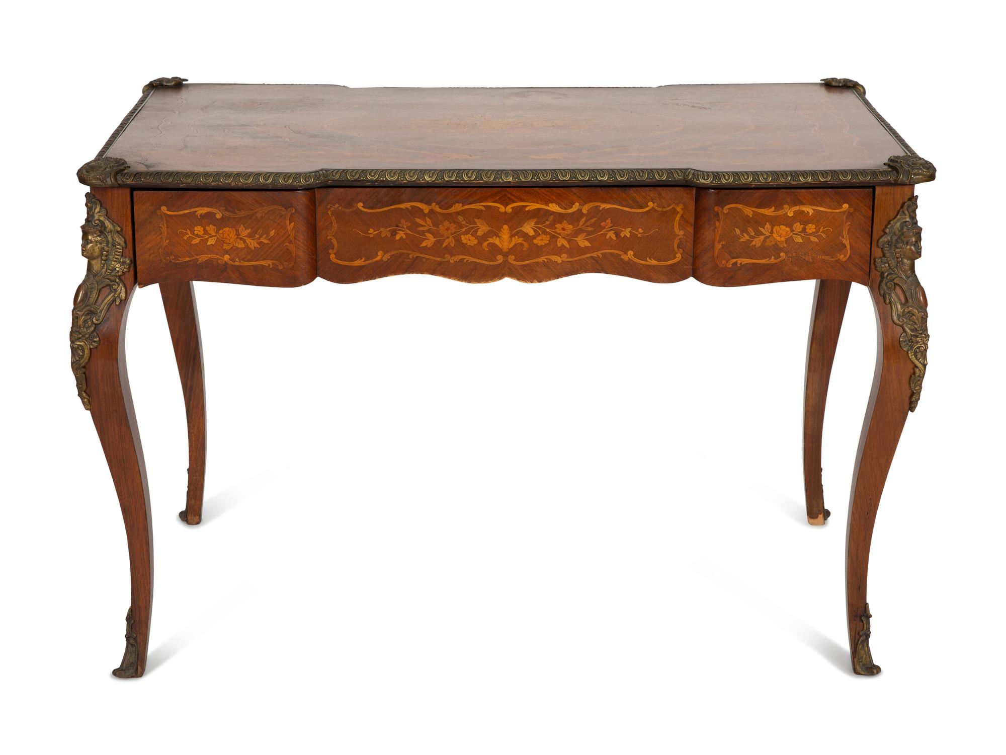 A Louis XV Style Brass Mounted Marquetry Writing Desk