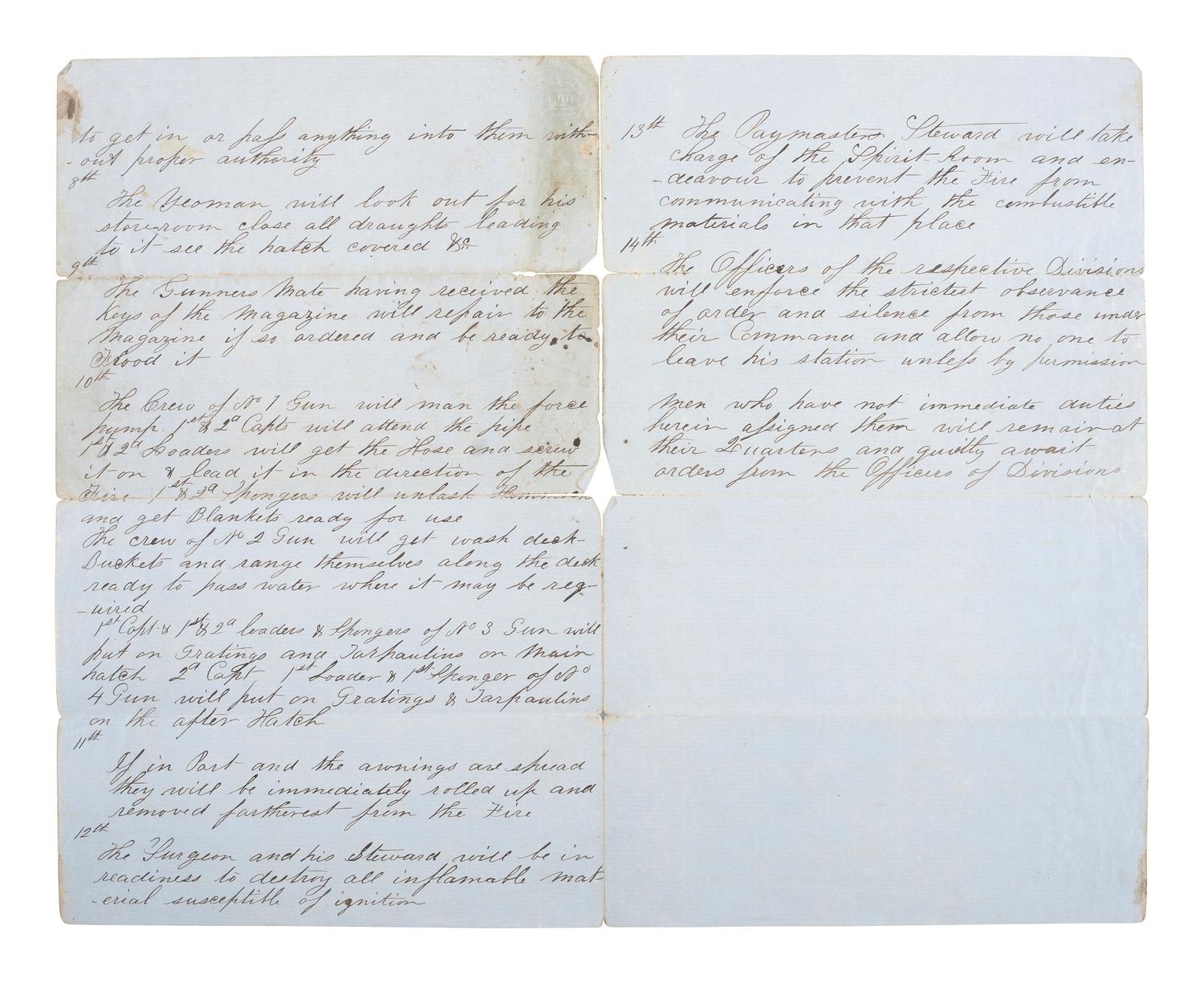 [CIVIL WAR]. Manuscript "Fire Bill" of the CSS Savannah , with detailed instructions on dealing with a fire on board the Confederate ironclad.
