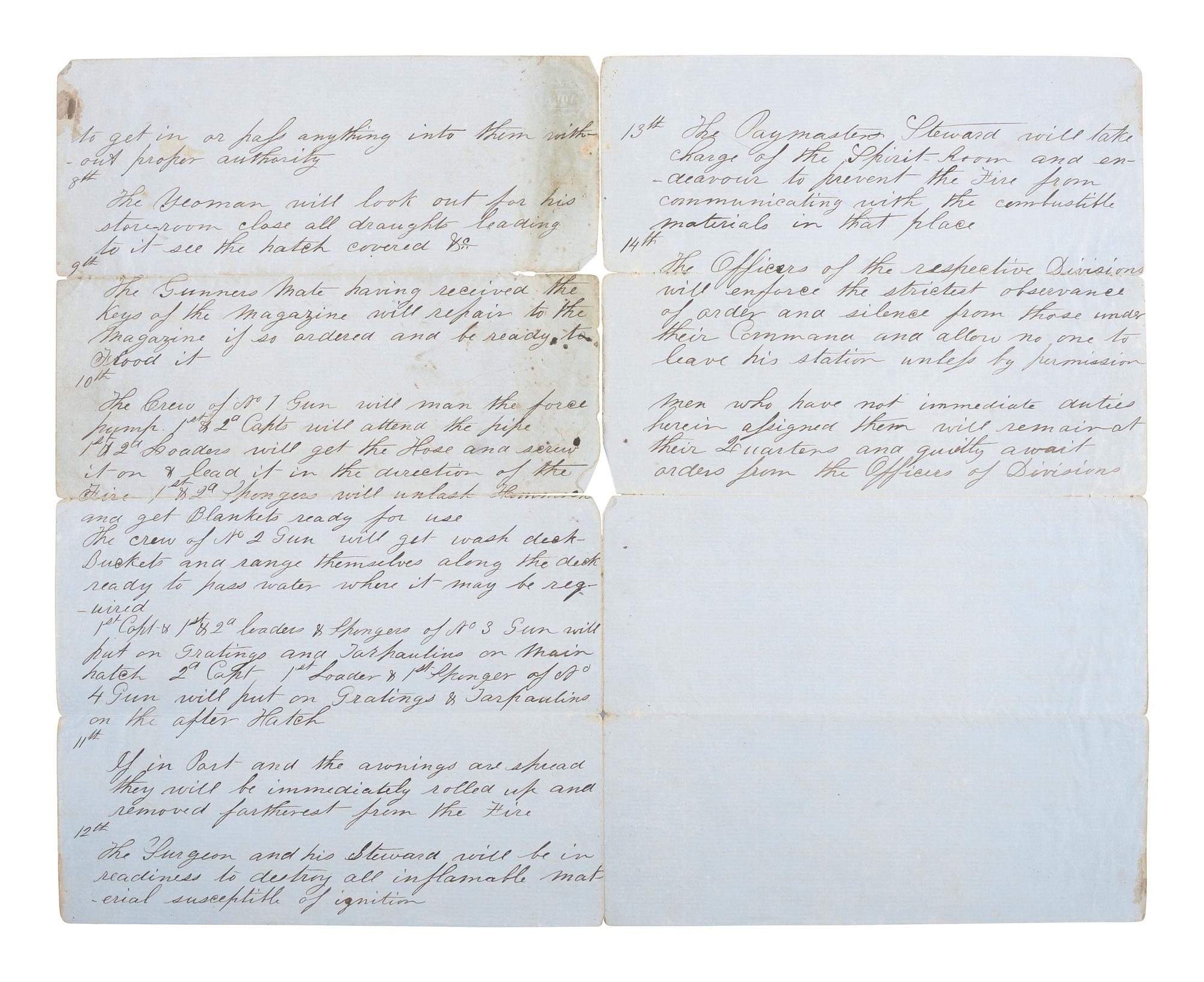 [CIVIL WAR]. Manuscript "Fire Bill" of the CSS Savannah , with detailed instructions on dealing with a fire on board the Confederate ironclad.