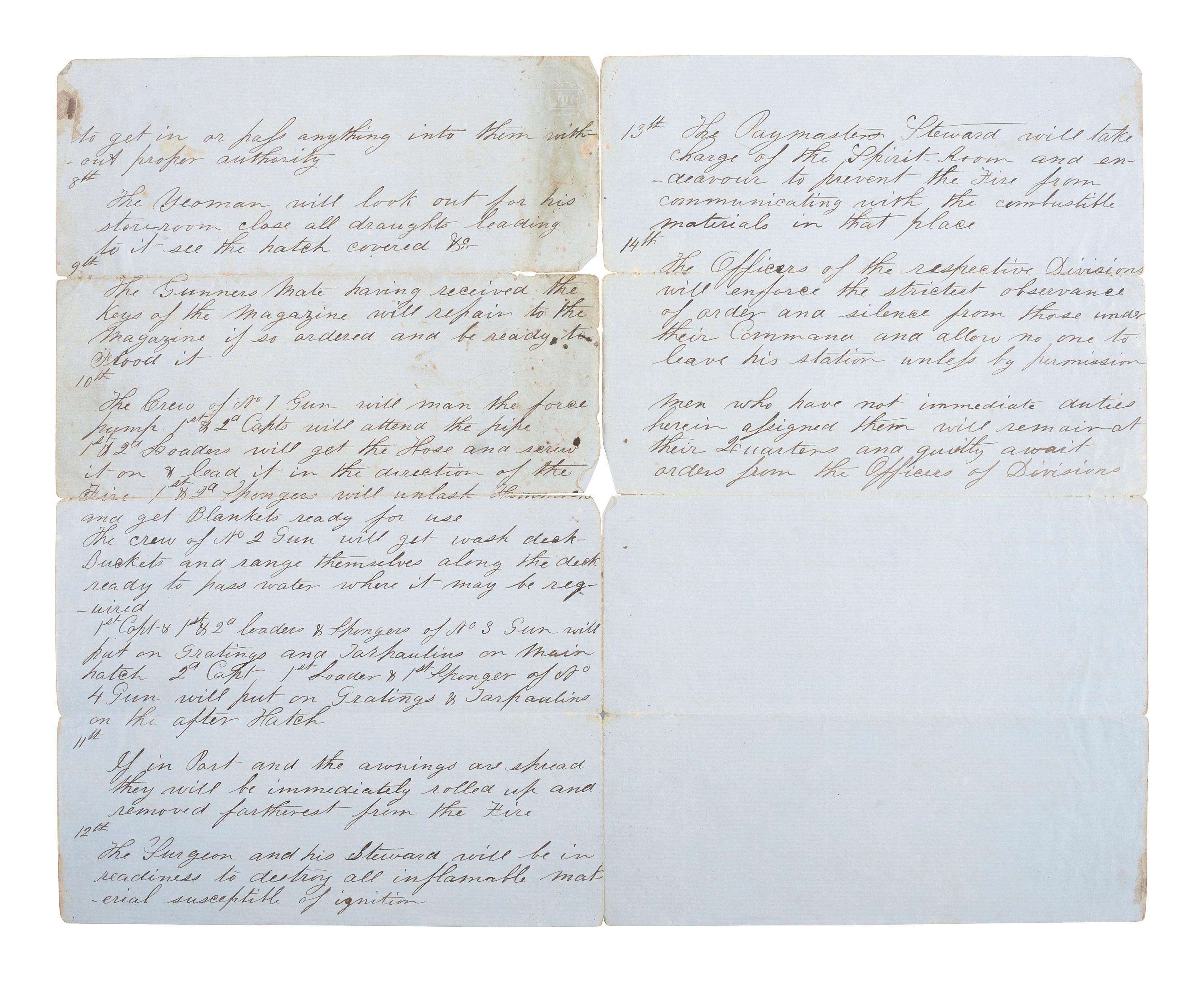 [CIVIL WAR]. Manuscript "Fire Bill" of the CSS Savannah , with detailed instructions on dealing with a fire on board the Confederate ironclad.