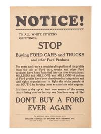 [SEGREGATION]. Notice! To All White Citizens Greetings: Stop Buying Ford Cars and Trucks and other Ford Products . New Orleans: Citizens' Council of Greater New Orleans, ca 1960s.